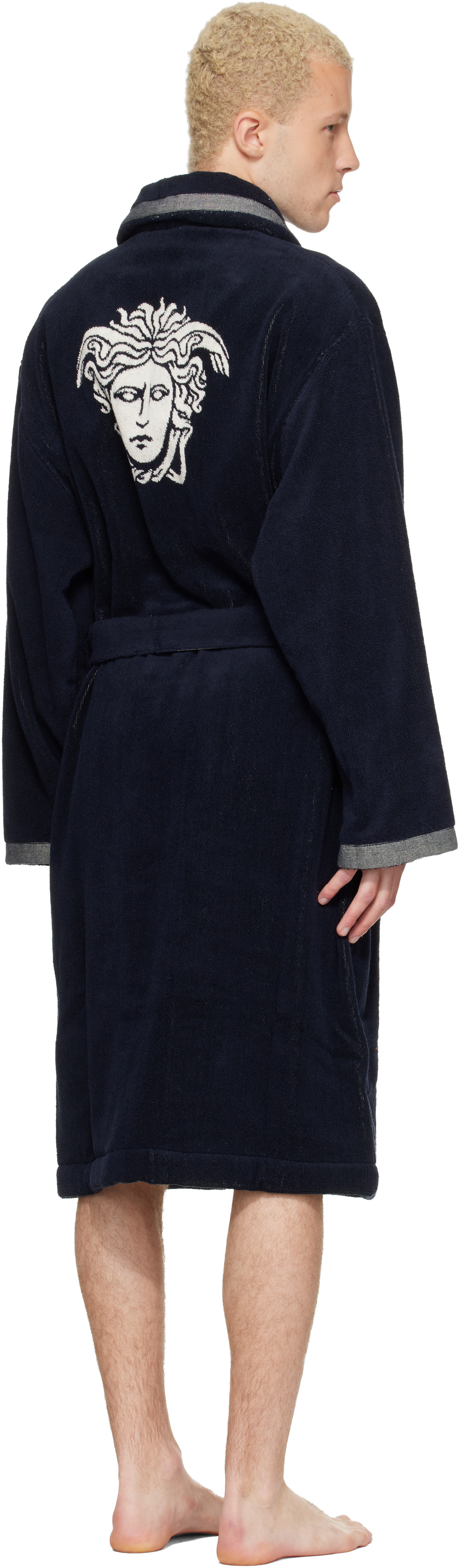Versace - Navy Cotton-Terry Jacquard Bathrobe