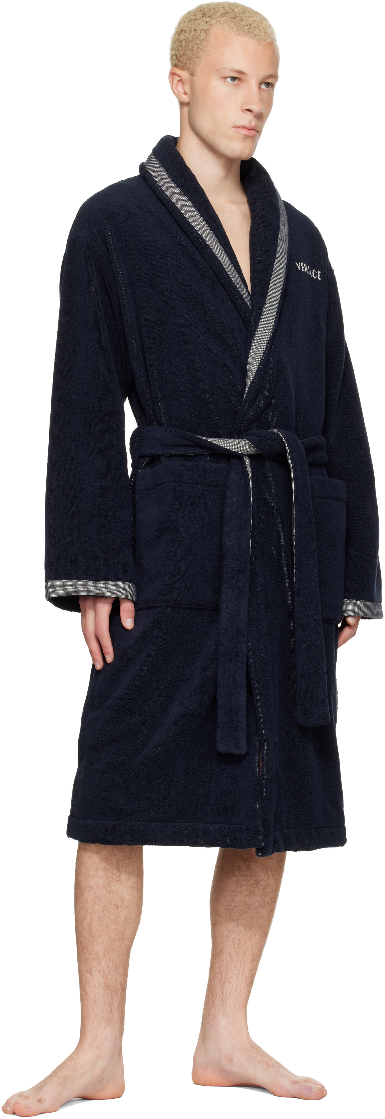 Versace - Navy Cotton-Terry Jacquard Bathrobe