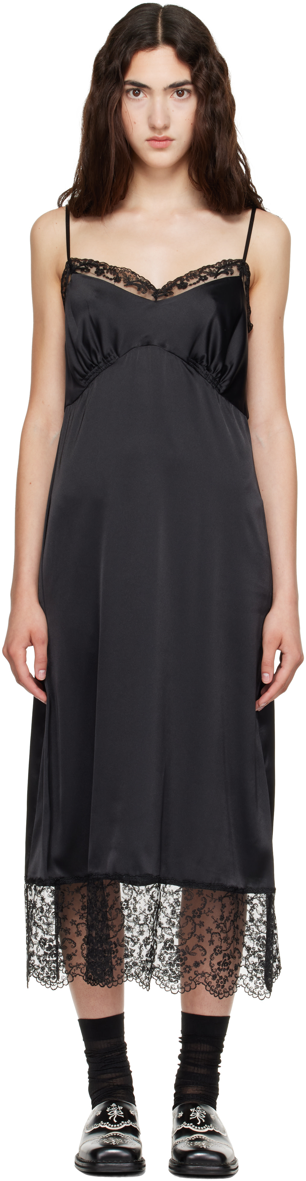 black lace midi slip dress Satin Lace Panel Dress