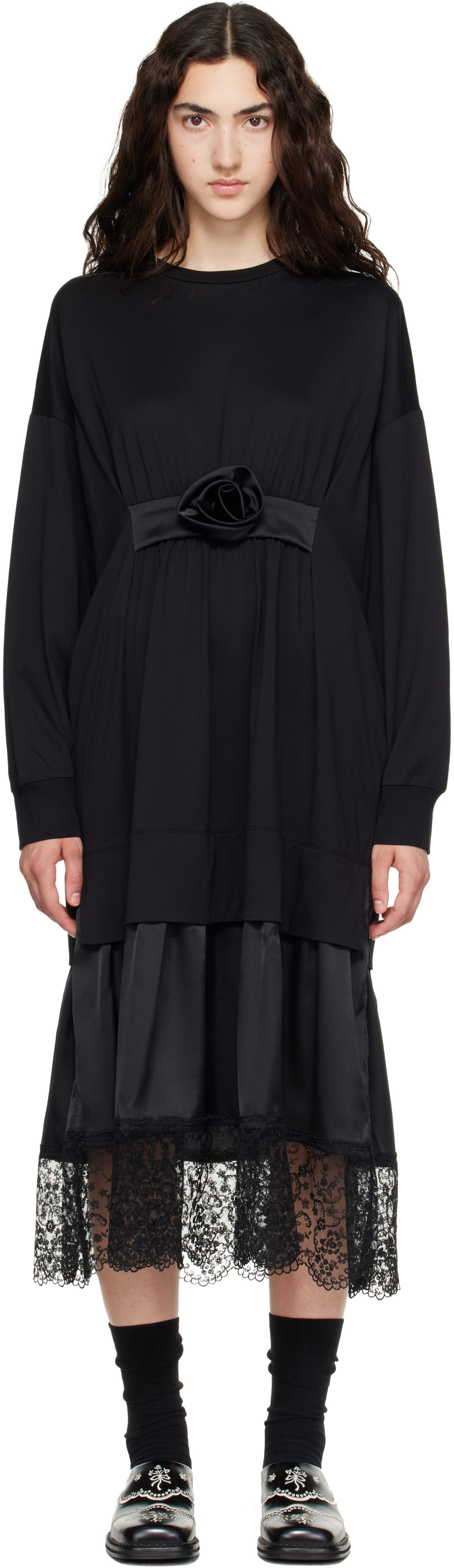 Simone Rocha: Black Oversized Gathered Rose Lace Trim Midi Dress