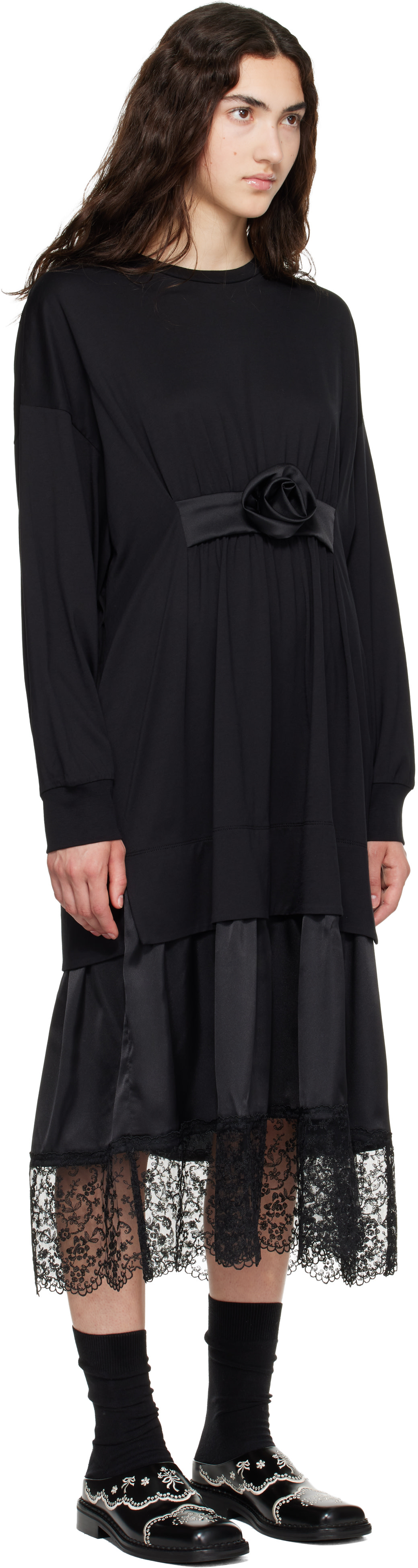 Simone Rocha: Black Oversized Gathered Rose Lace Trim Midi Dress