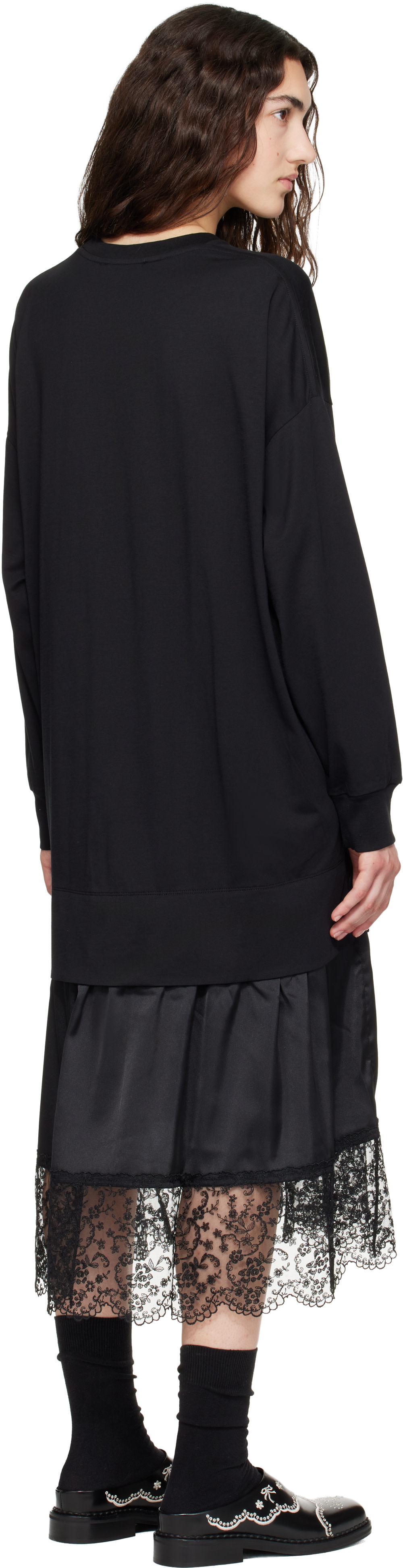 Simone Rocha: Black Oversized Gathered Rose Lace Trim Midi Dress