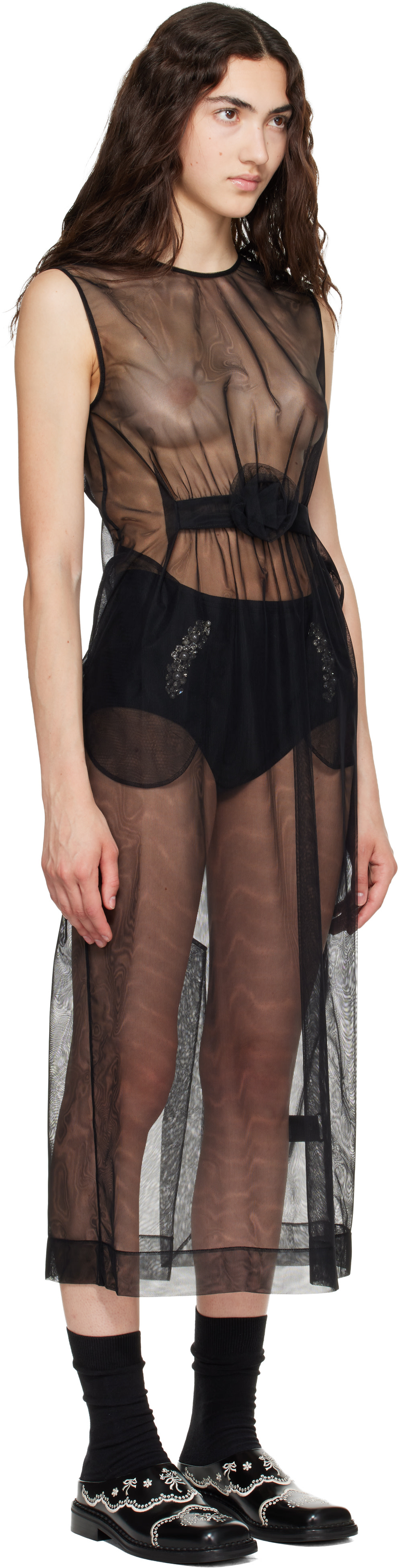 Simone Rocha: Black Gathered Rose Contour Midi Dress | SSENSE