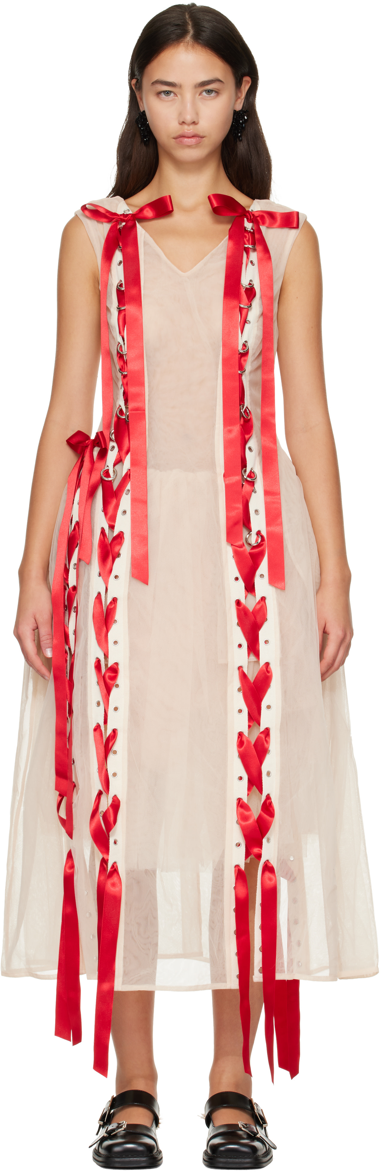 Simone Rocha: Beige Unraveling Ribbon Portrait Tutu Maxi Dress