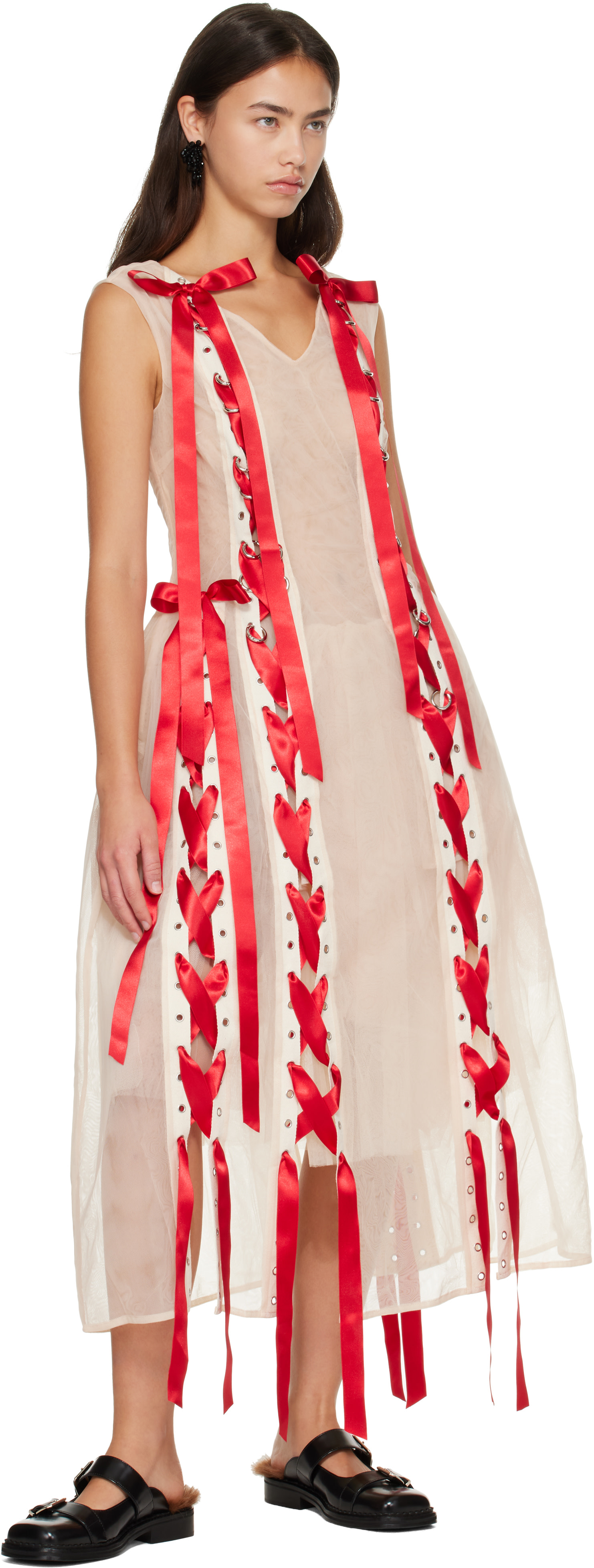 【値下げ可】Simone Rocha x  ティンセルパターンドレス Simone Rocha: Beige Unraveling Ribbon Portrait Tutu Maxi Dress