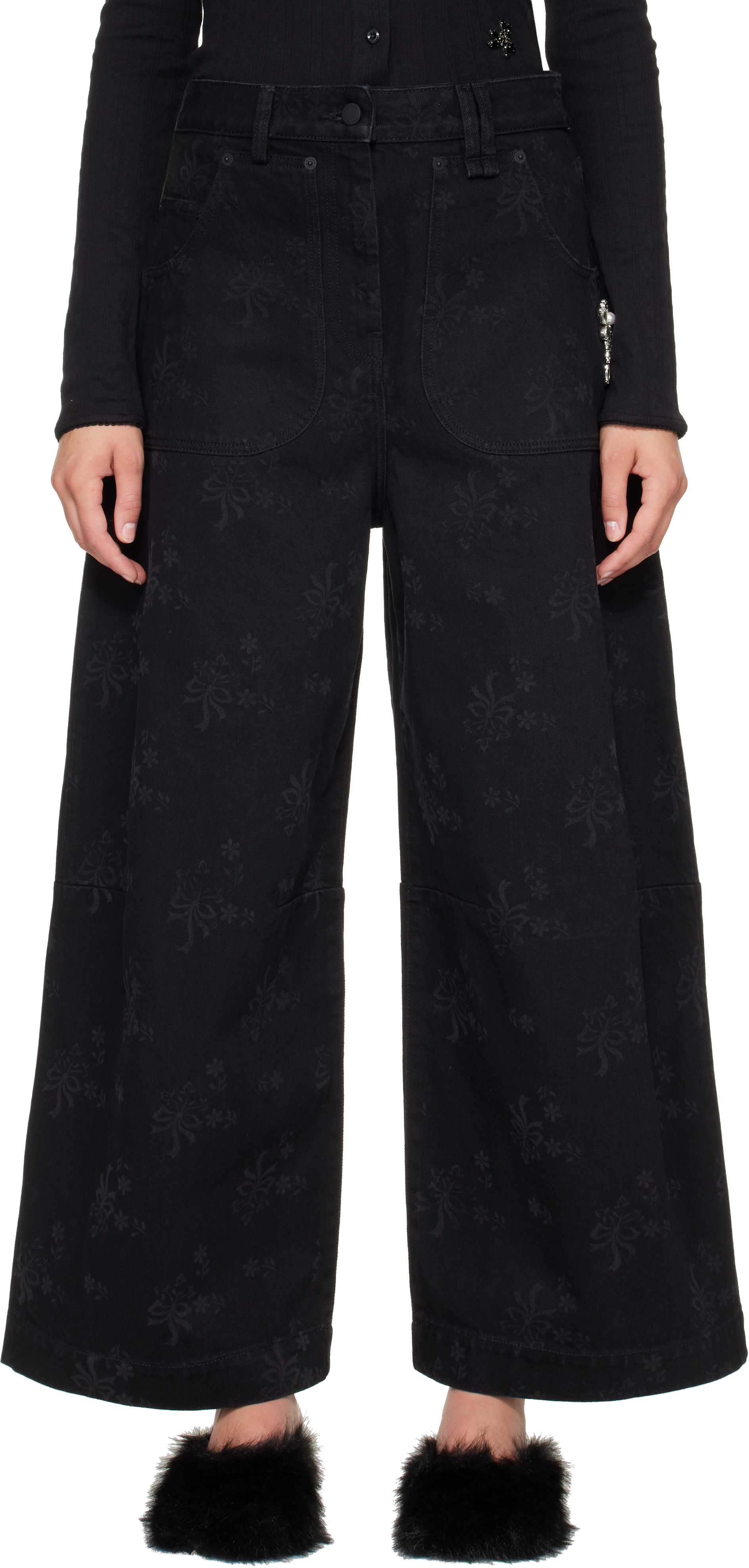 Simone Rocha: Black Embellished Cropped Wide Leg Utility Curve
