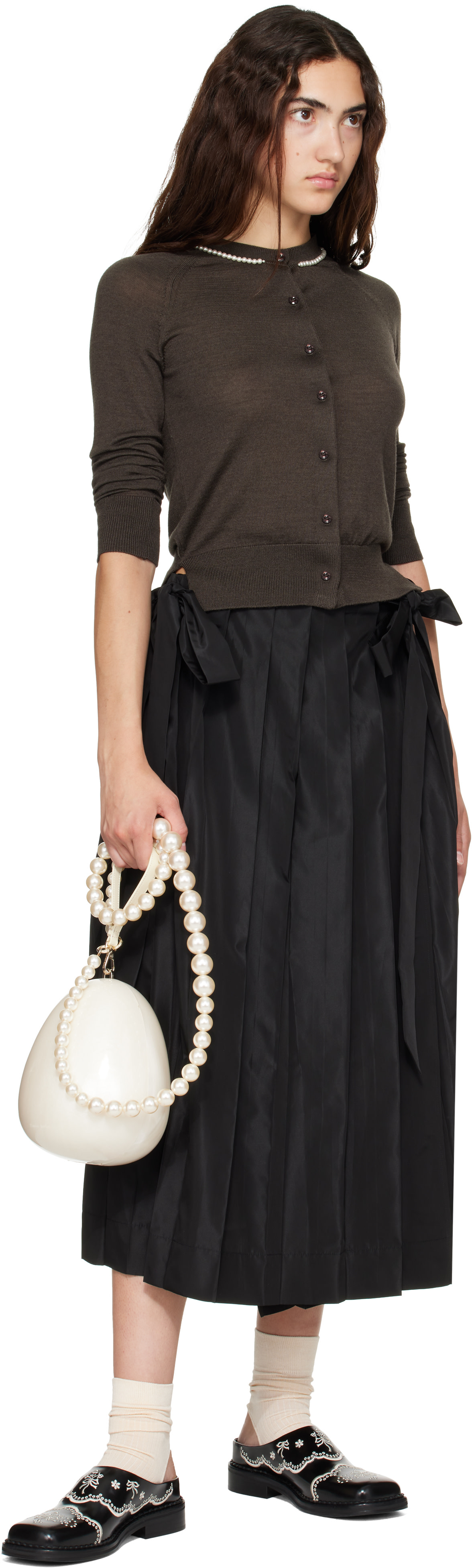 Simone Rocha: Black Pleated Sheer Panel Wrap Midi Skirt | SSENSE