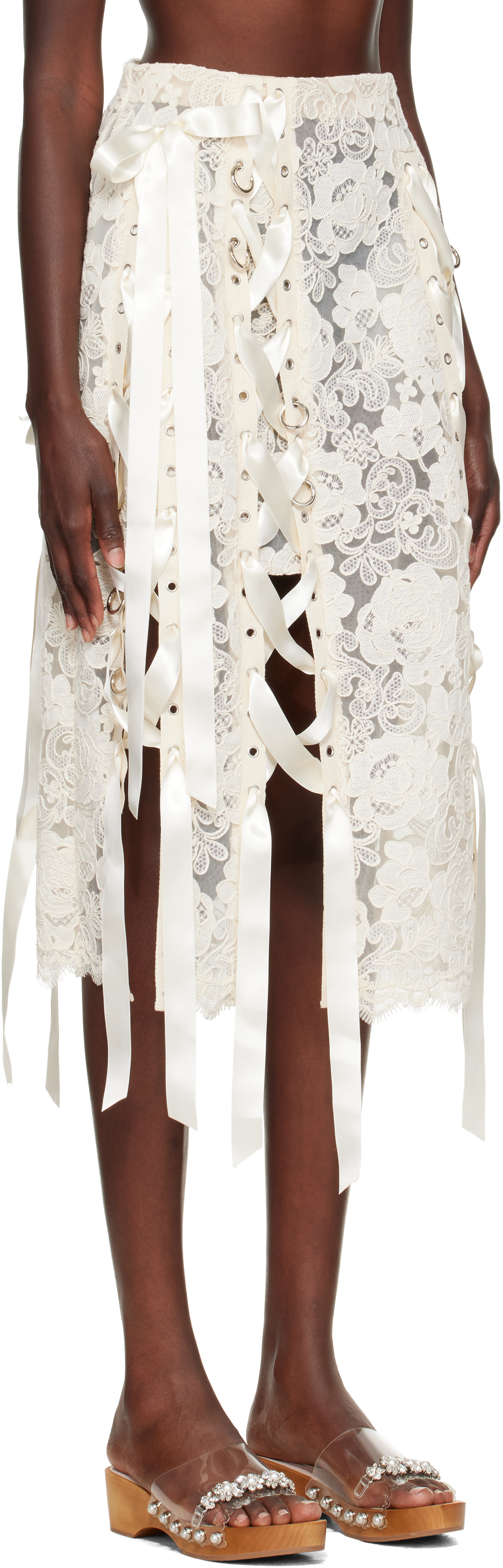 Simone Rocha: Off-White Unraveling Ribbon Ring Midi Skirt | SSENSE