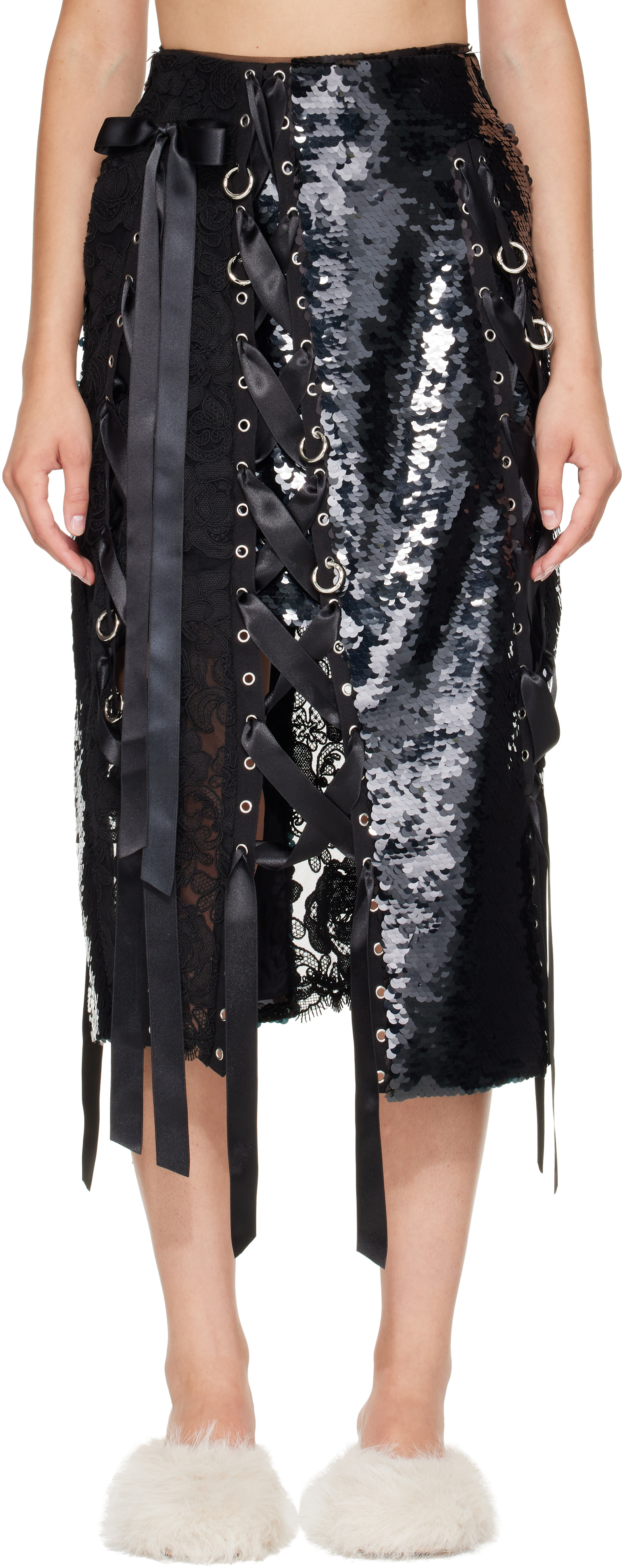 Simone Rocha: Black Unraveling Ribbon Patch Work Ring Midi Skirt