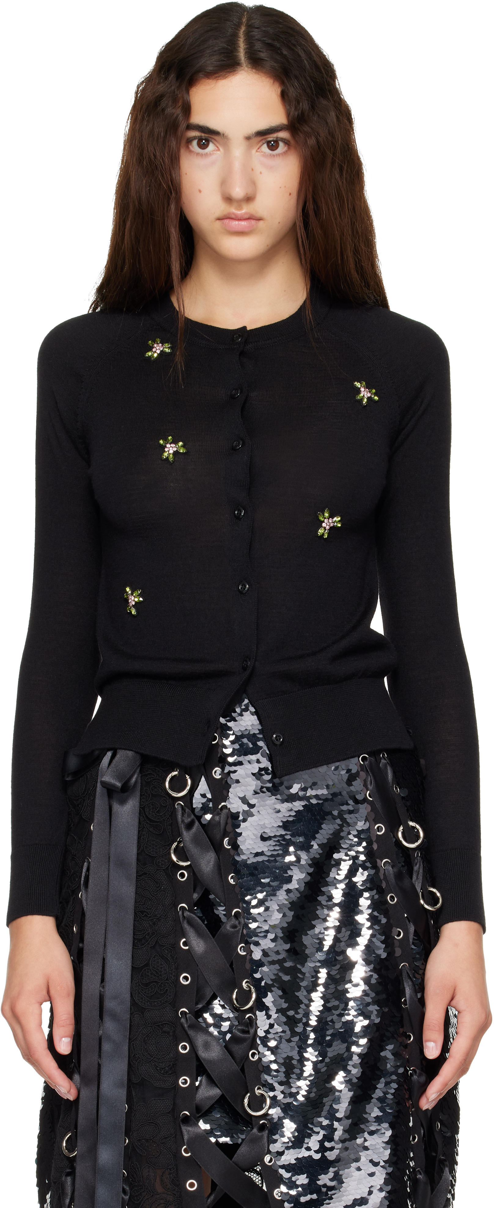 Simone Rocha: Black Turbo Embellished Classic Merino Silk Cardigan