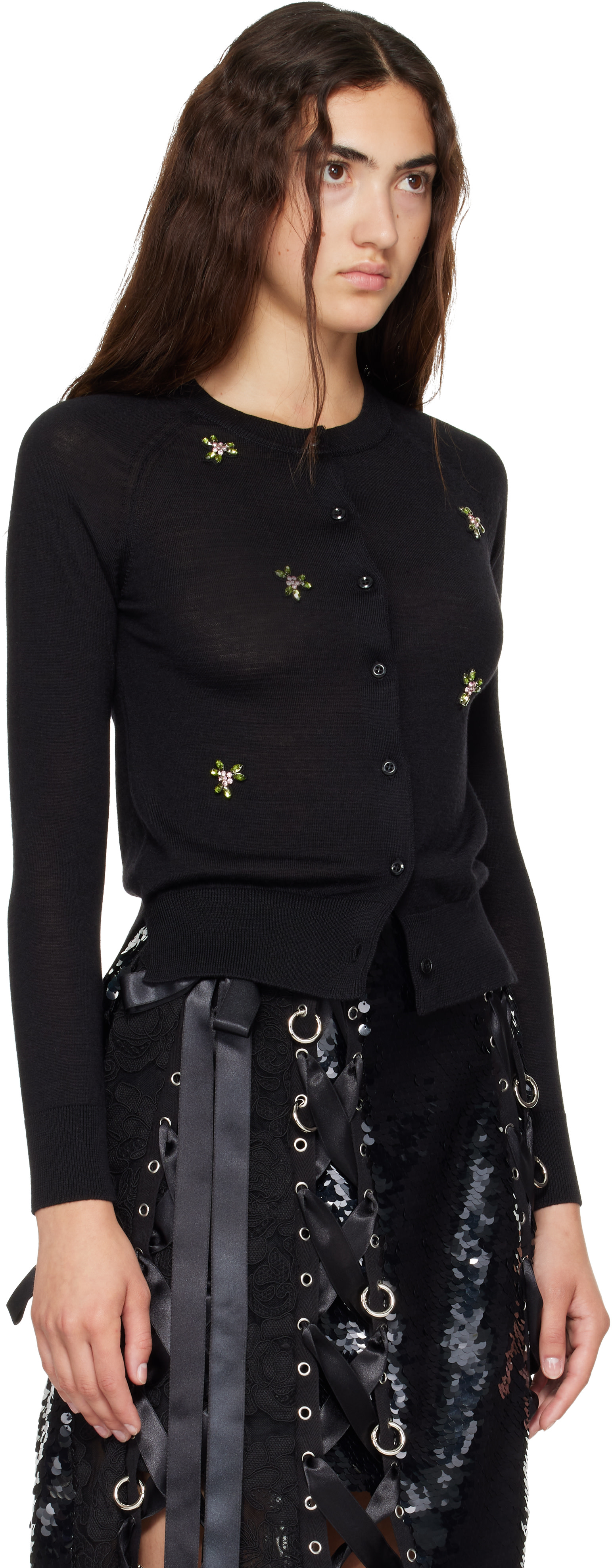 Simone Rocha: Black Turbo Embellished Classic Merino Silk Cardigan