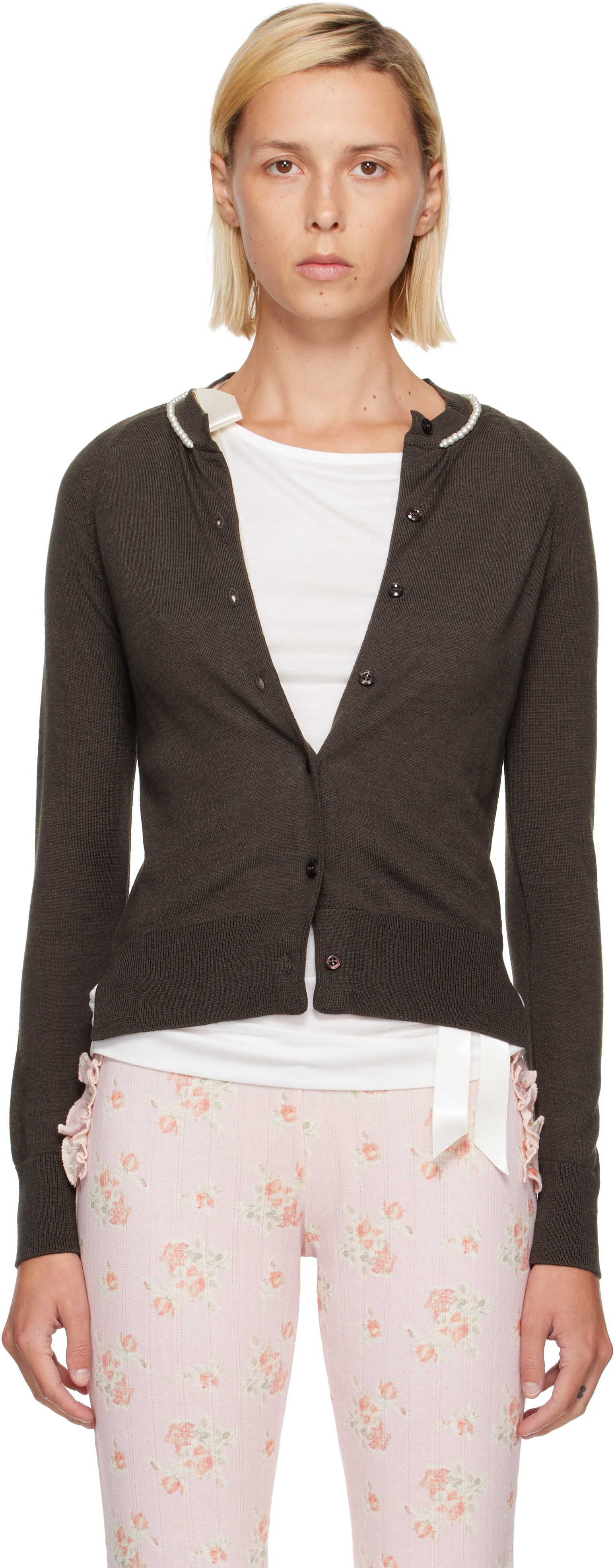 21SS Simone Rocha ニットカーディガン Simone Rocha: Brown Classic Merino Silk Cardigan | SSENSE Japan