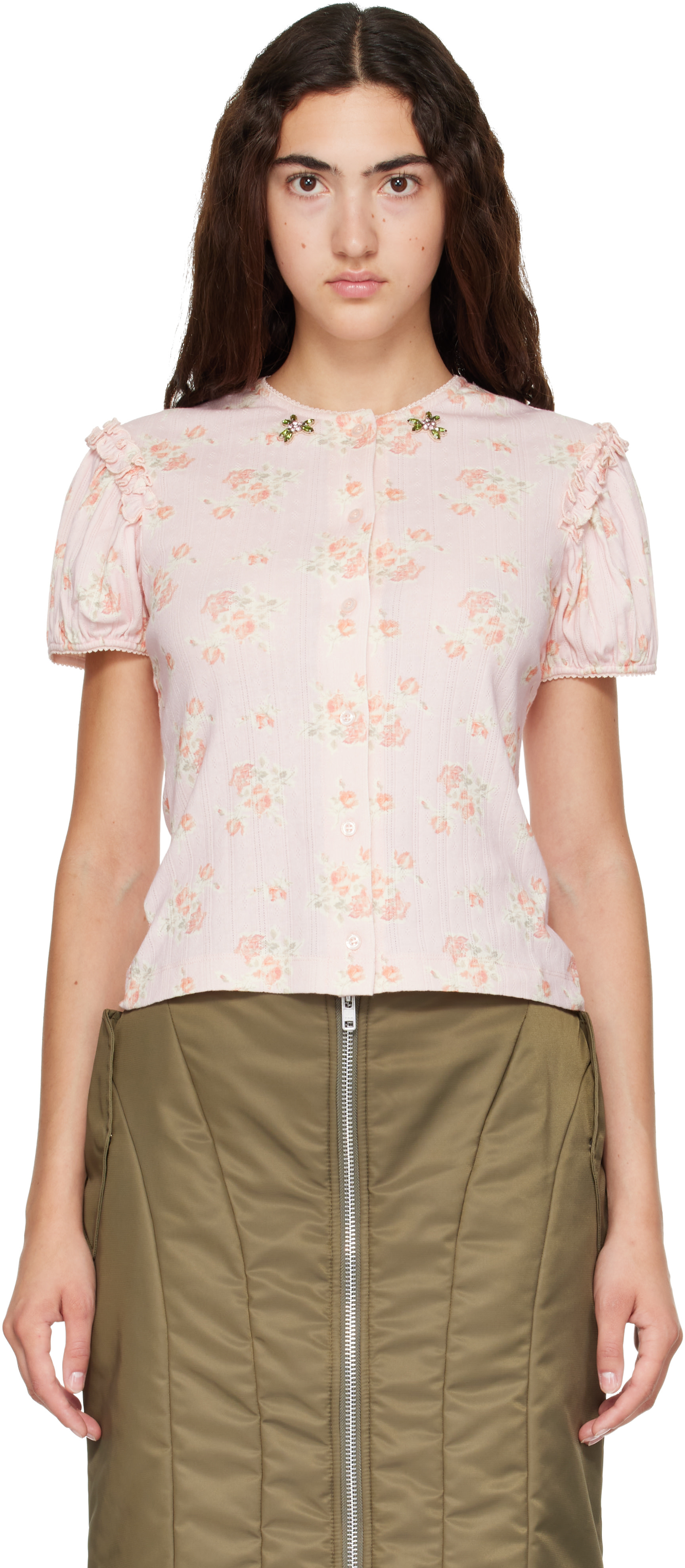 Simone Rocha: Pink Embellished Pointelle Puff Sleeve Cardigan | SSENSE