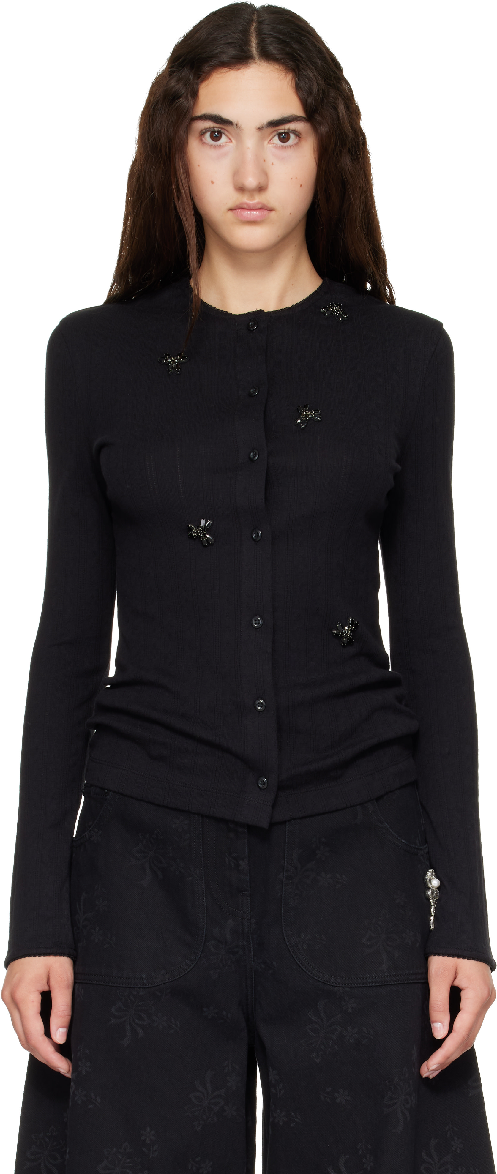 Simone Rocha: Black Turbo Embellished Pointelle Cardigan | SSENSE