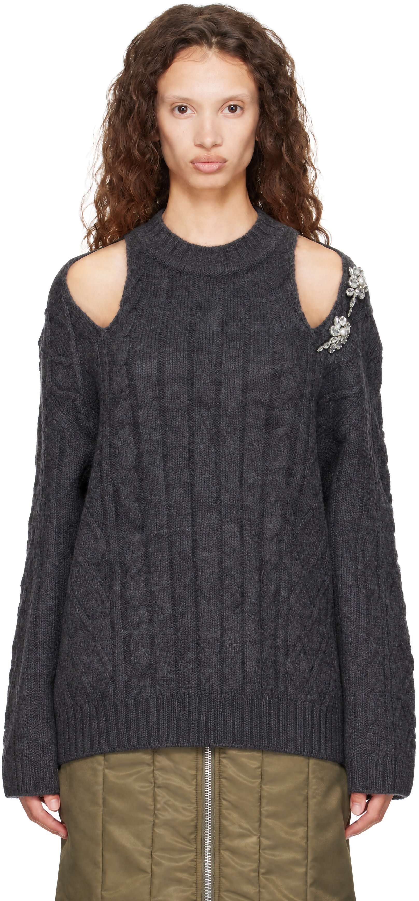 Simone Rocha - グレー Cable Knit Slash セーター