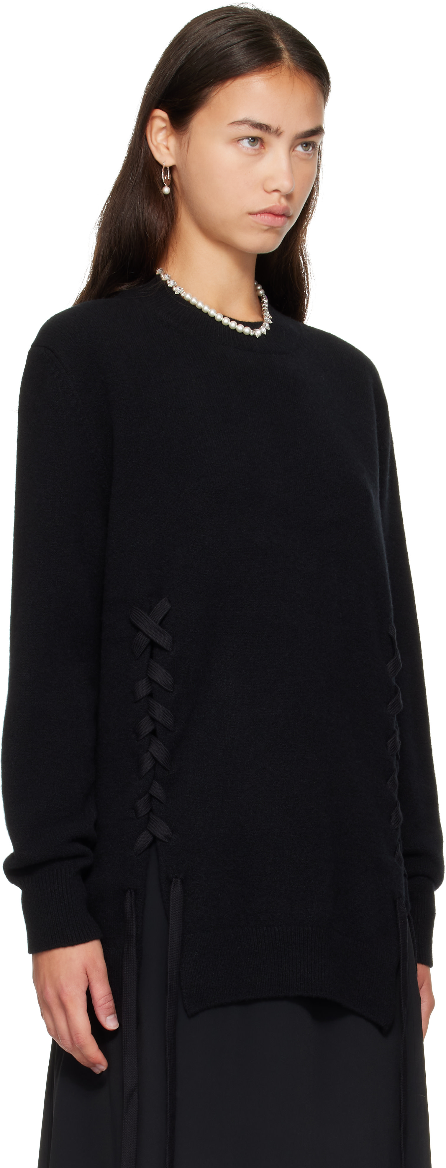 Simone Rocha - Pull noir en laine mérinos à laçages