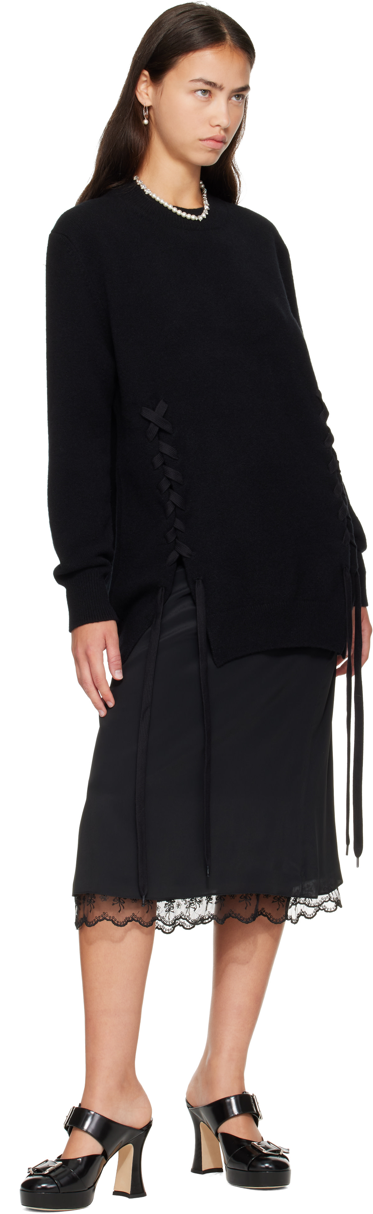 Simone Rocha - Pull noir en laine mérinos à laçages