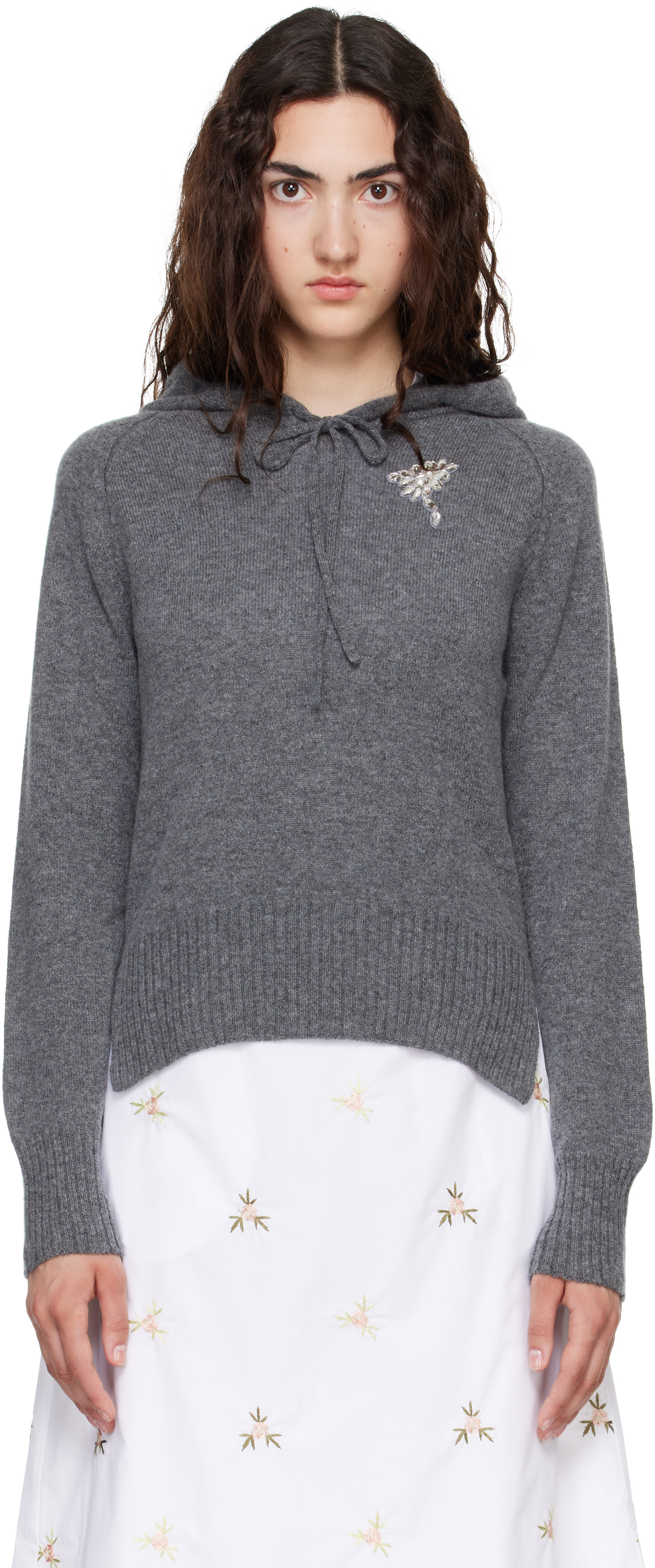 Simone Rocha - Pull à capuche décontracté gris en cachemire à appliqué facetté