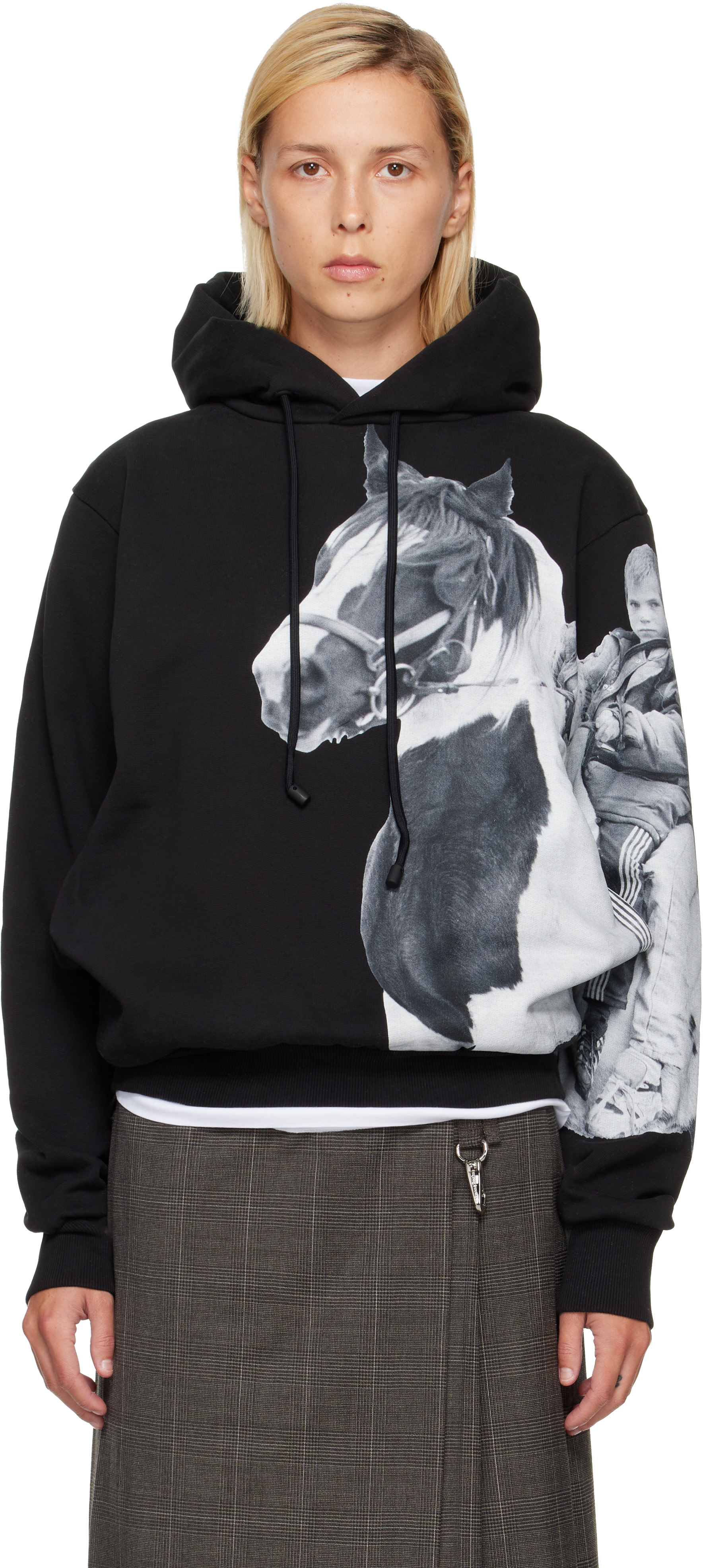 Simone Rocha - Pull à capuche droit noir à imprimé de poney