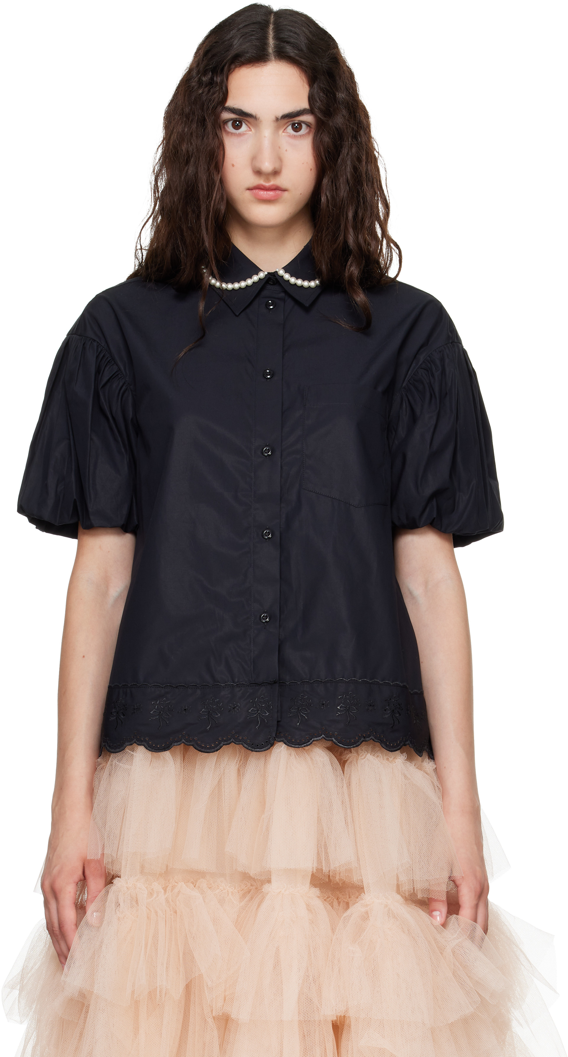 Simone Rocha ブラウス Simone Rocha: Black Cropped Puff Sleeve Lace Trim Shirt | SSENSE