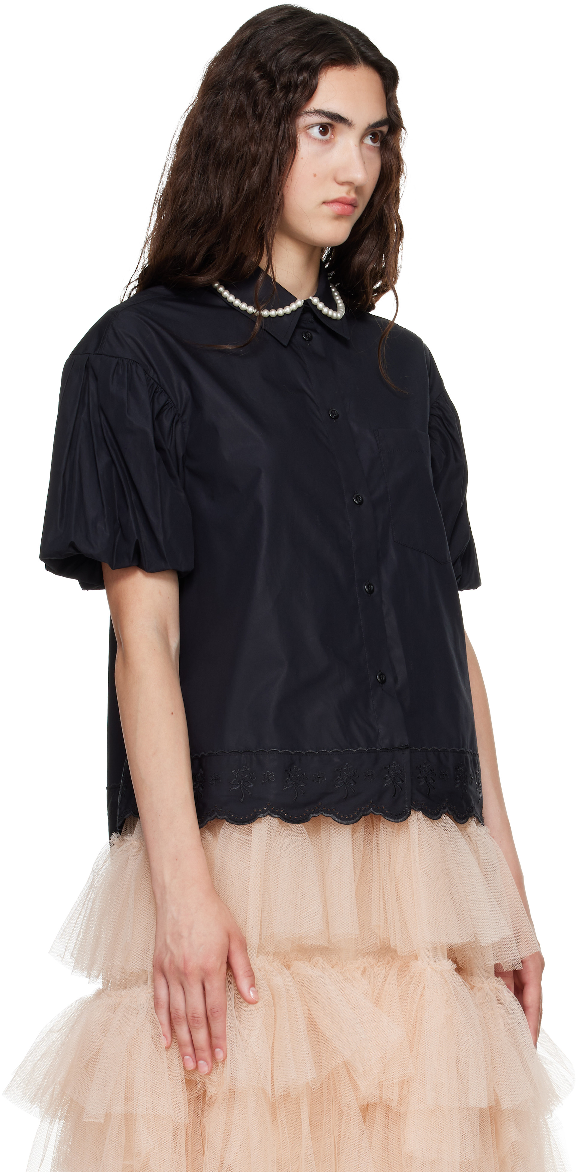 Simone Rocha: Black Cropped Puff Sleeve Lace Trim Shirt | SSENSE