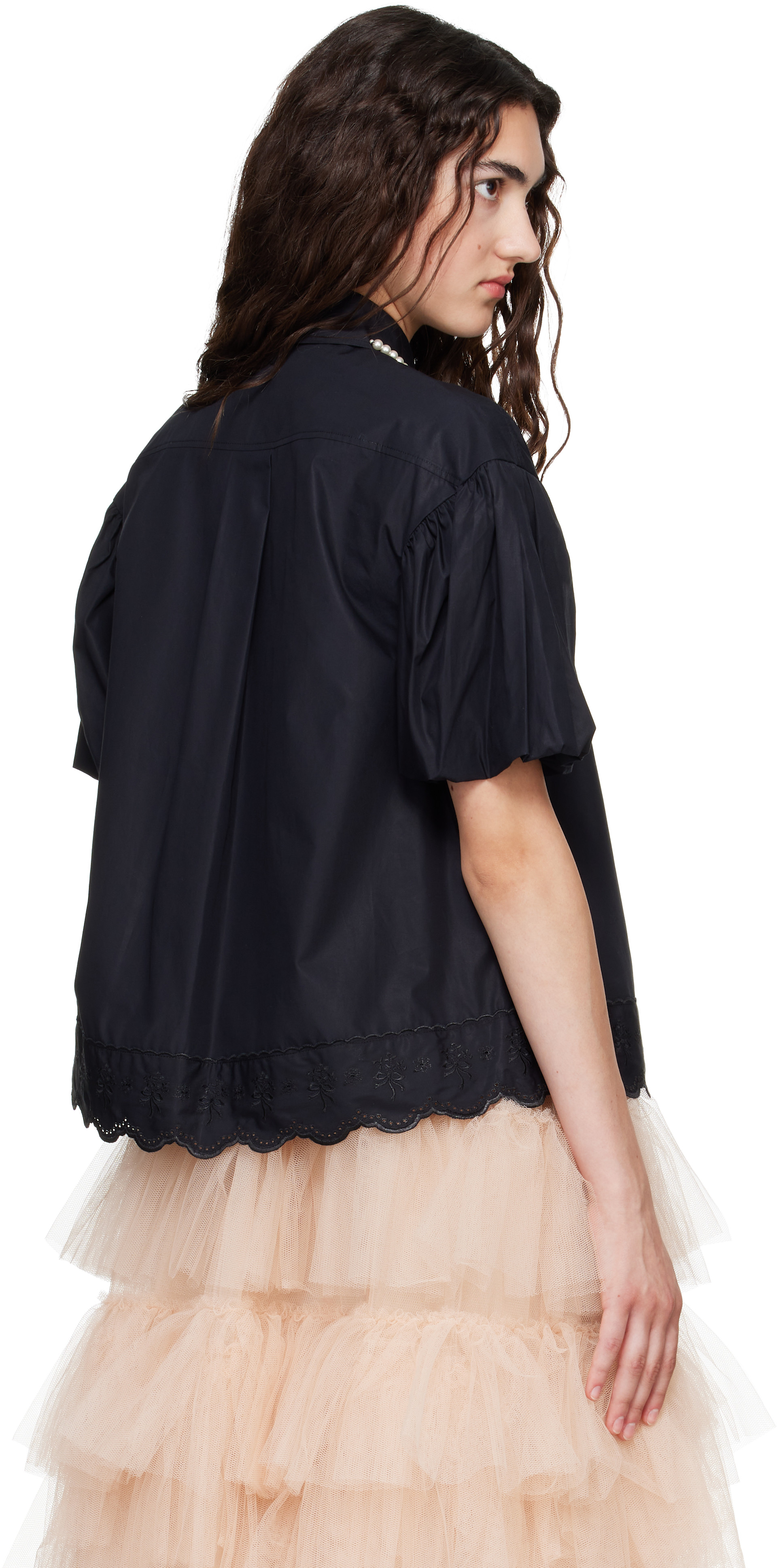 Simone Rocha: Black Cropped Puff Sleeve Lace Trim Shirt | SSENSE