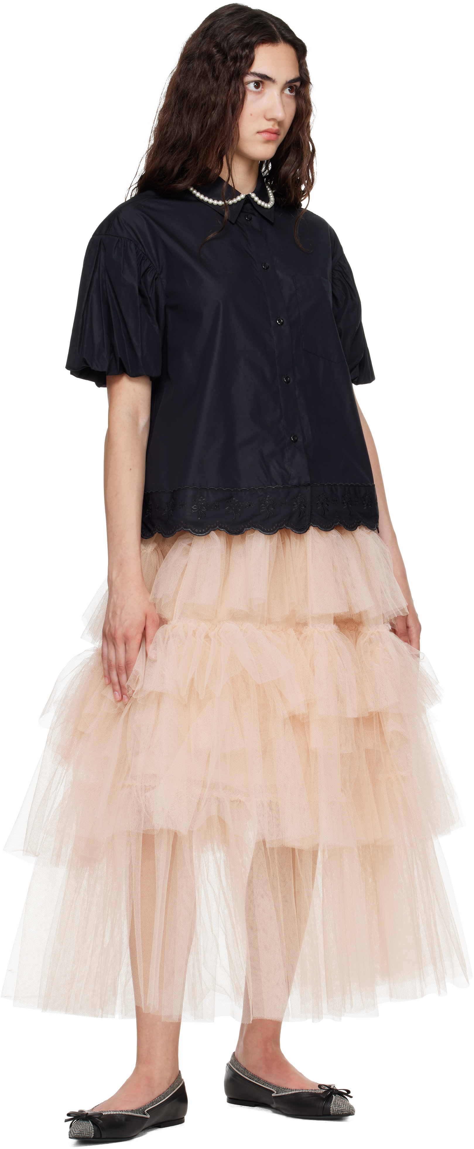 Simone Rocha: Black Cropped Puff Sleeve Lace Trim Shirt | SSENSE