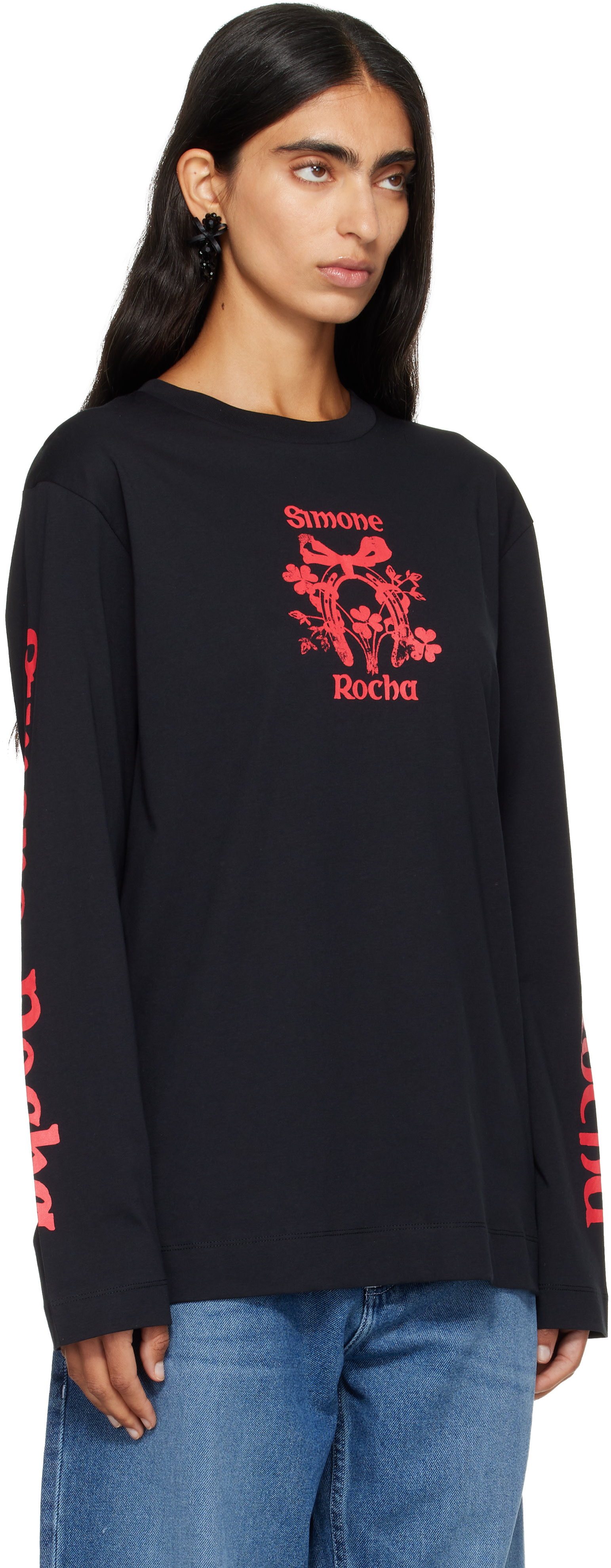 Simone Rocha: Black 'Coming Up Roses' Print Long Sleeve T-shirt