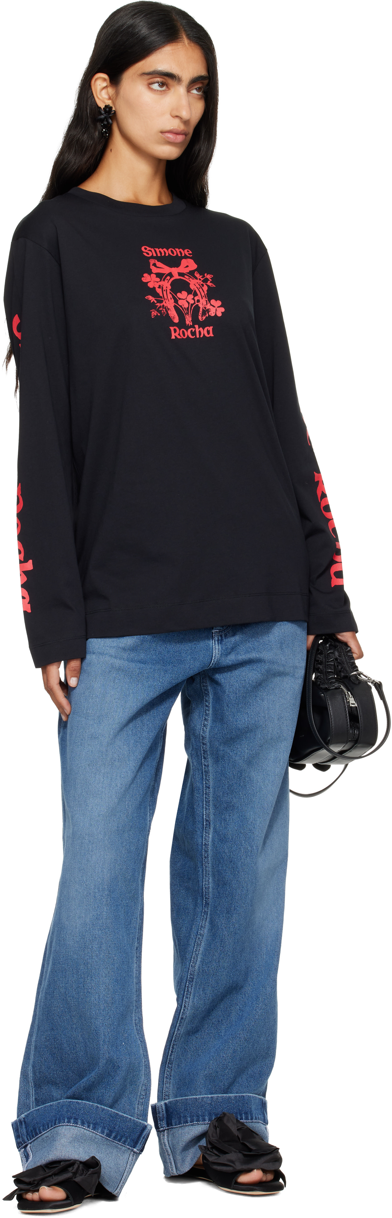 Simone Rocha: Black 'Coming Up Roses' Print Long Sleeve T-shirt