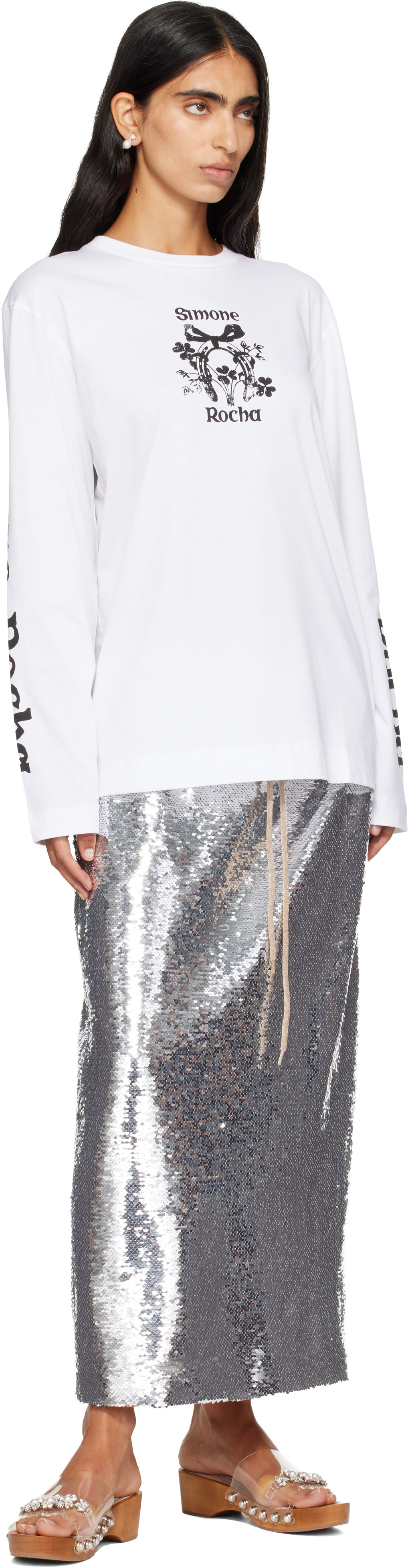 Simone Rocha: White 'Coming Up Roses' Print Long Sleeve T-shirt