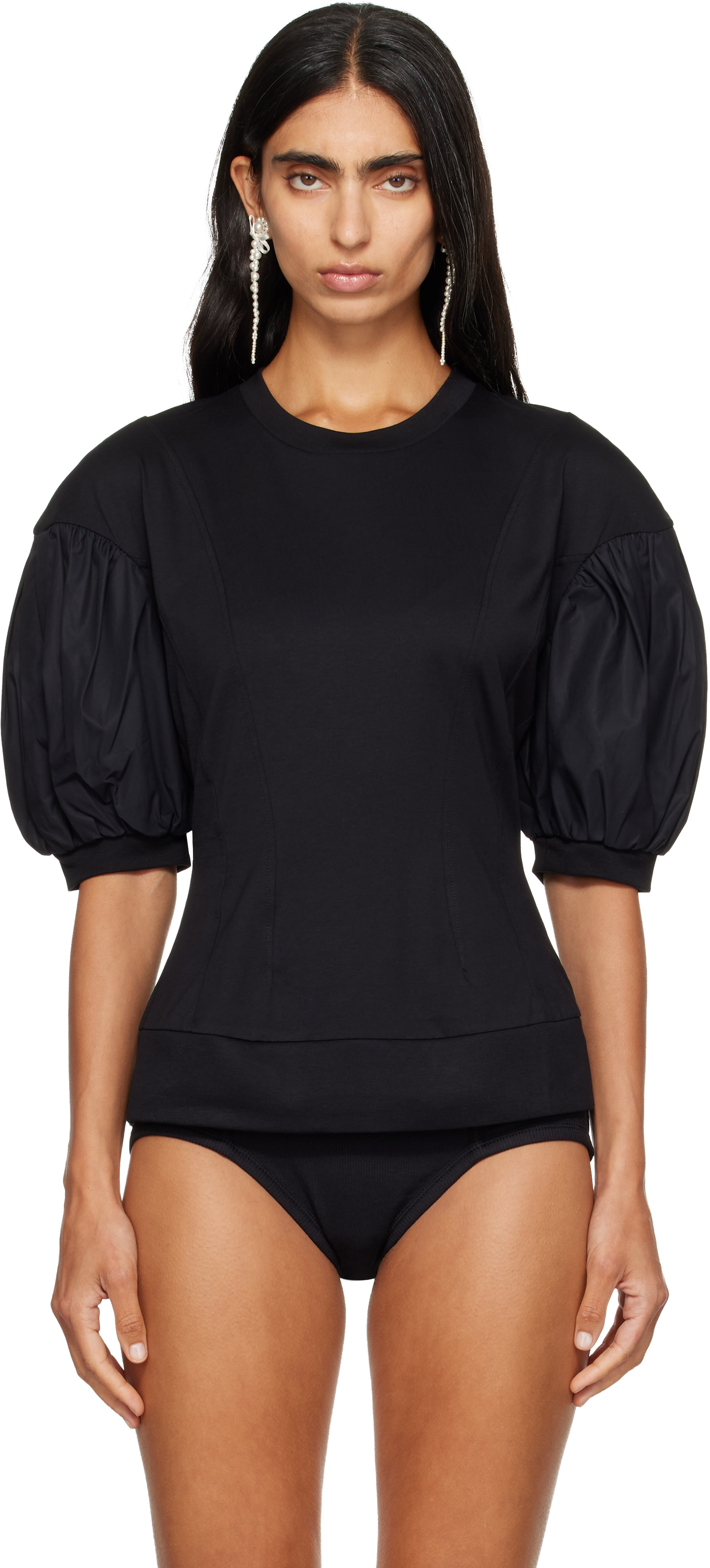 Simone Rocha - 【美品】  Simone Rocha / シモーネロシャ | パフスリーブ S/Sブラウス カットソー | XS | ブラック | レディース Simone Rocha: ブラック Sculpted Contrast パフスリーブ Tシャツ