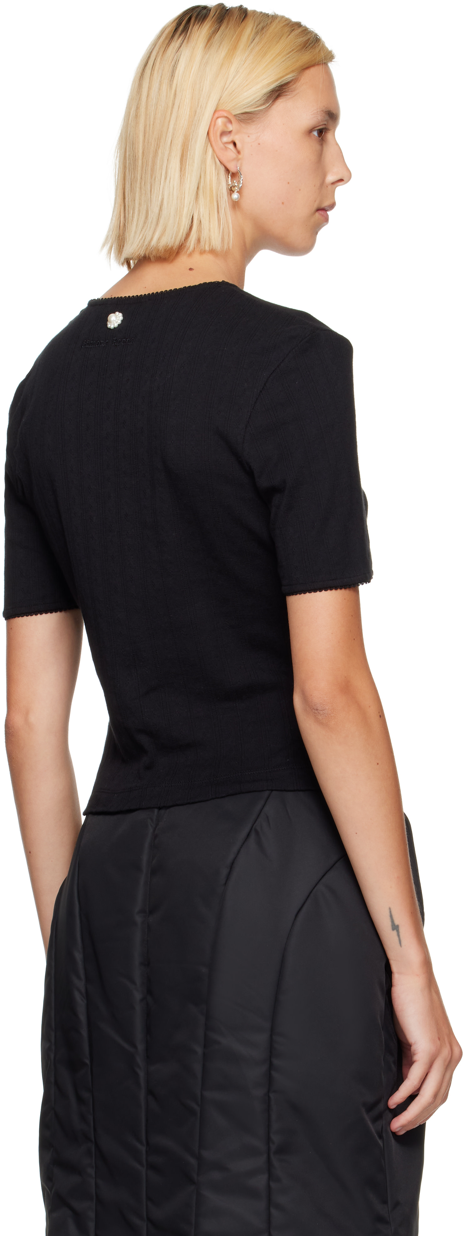 Simone Rocha: Black Cropped Pointelle T-shirt | SSENSE