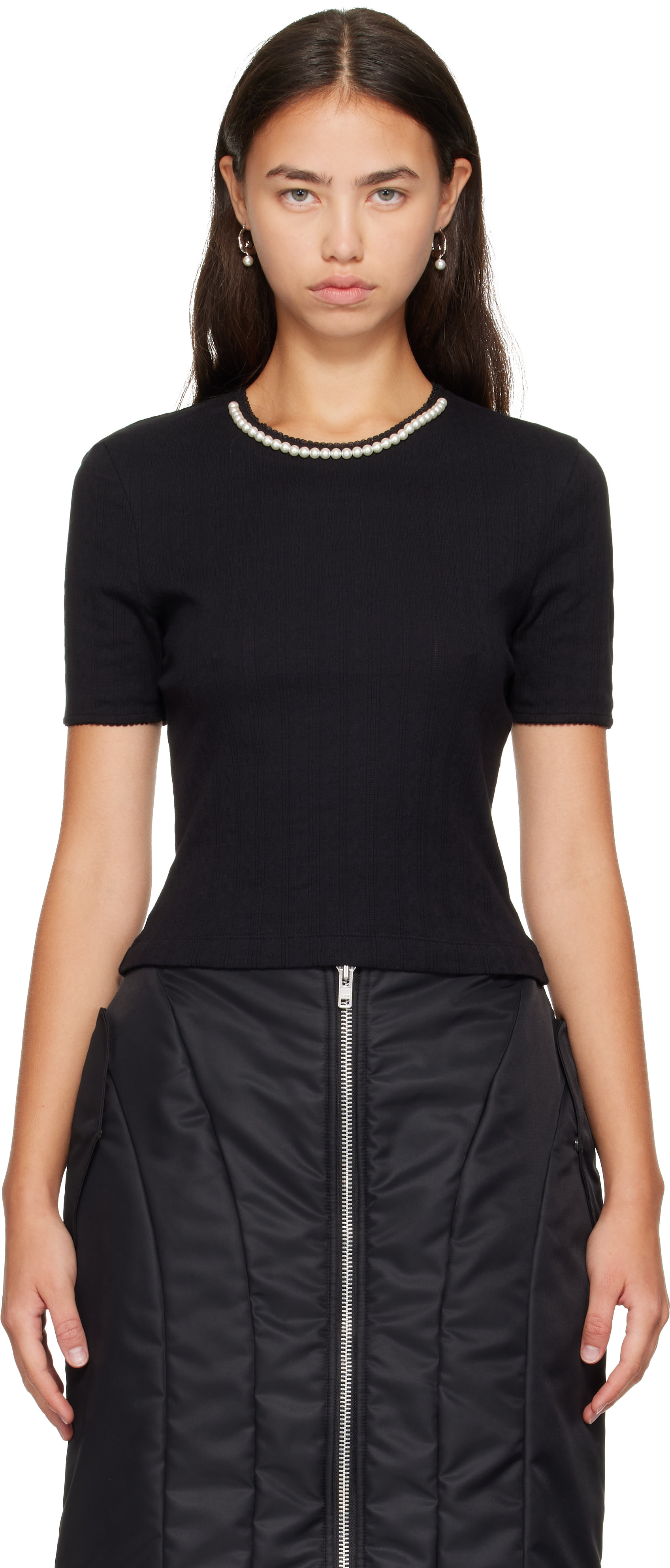 Simone Rocha: Black Embellished Cropped Pointelle T-shirt | SSENSE
