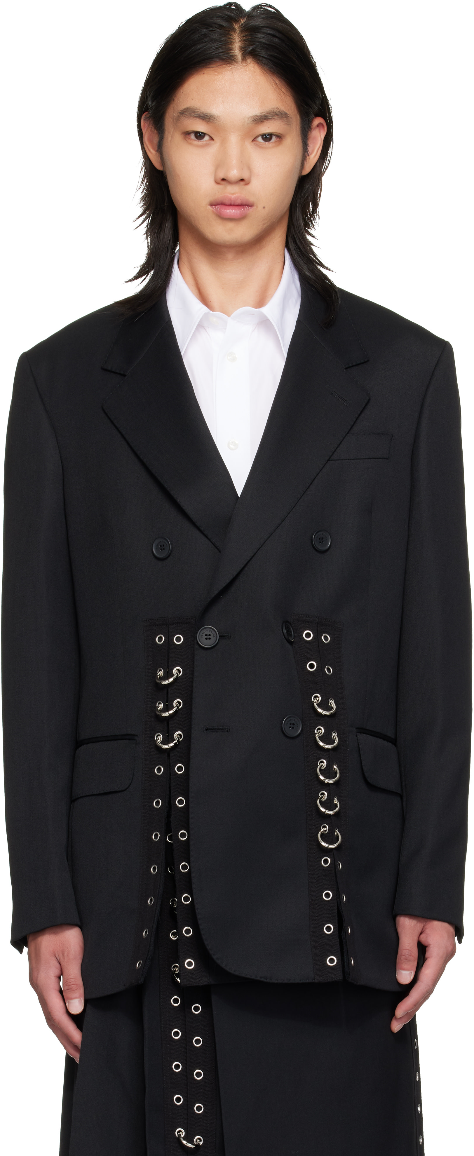 Simone Rocha - Black Double Breasted Grommet Ring Hem Slice Blazer