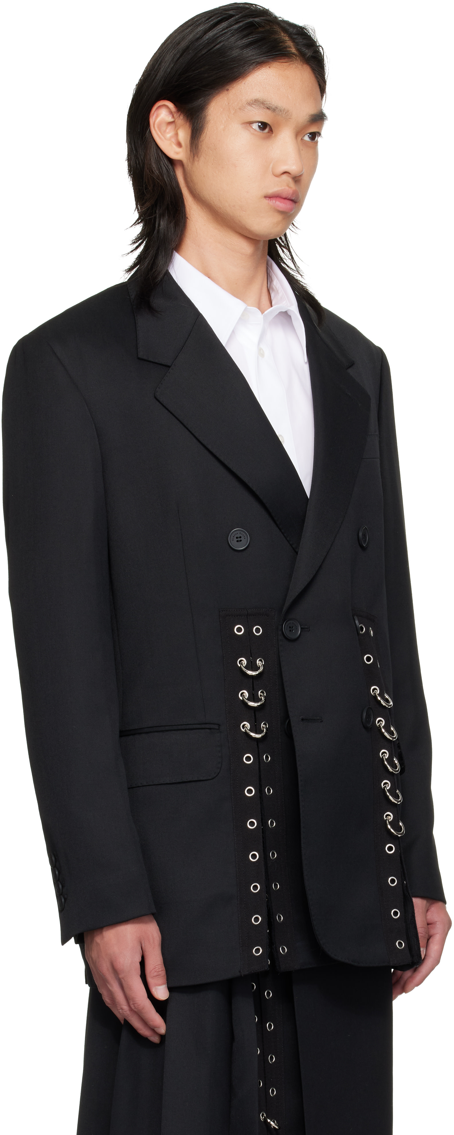 Simone Rocha - Black Double Breasted Grommet Ring Hem Slice Blazer