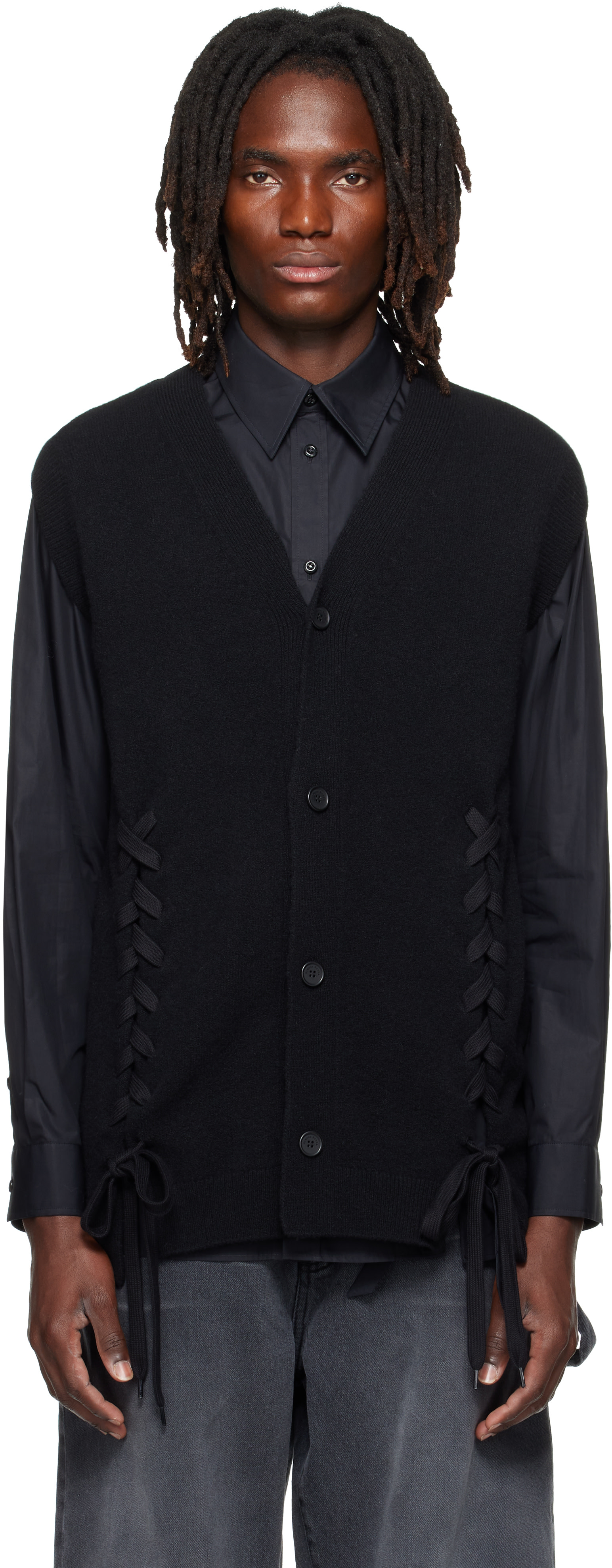 Simone Rocha: Black Merino Lace Up Hem Vest | SSENSE