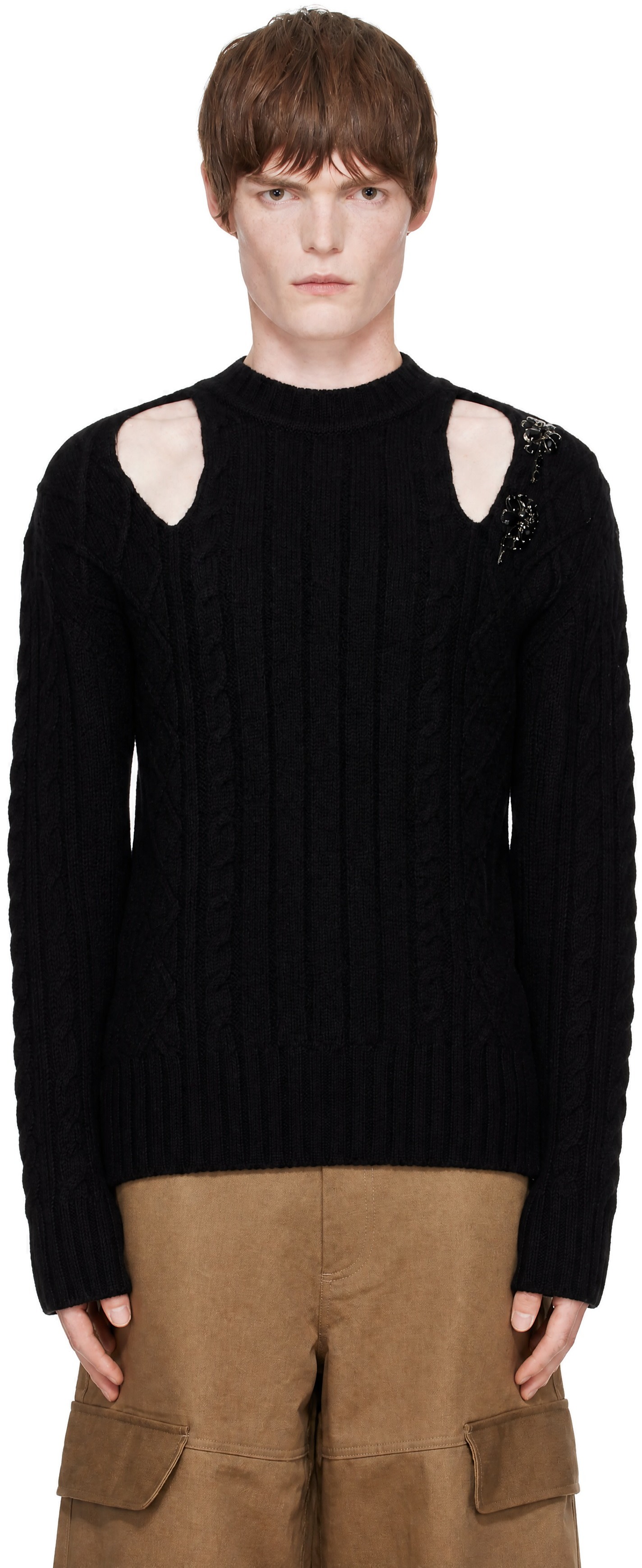 Simone Rocha - Black Embellished Cable Knit Slash Sweater