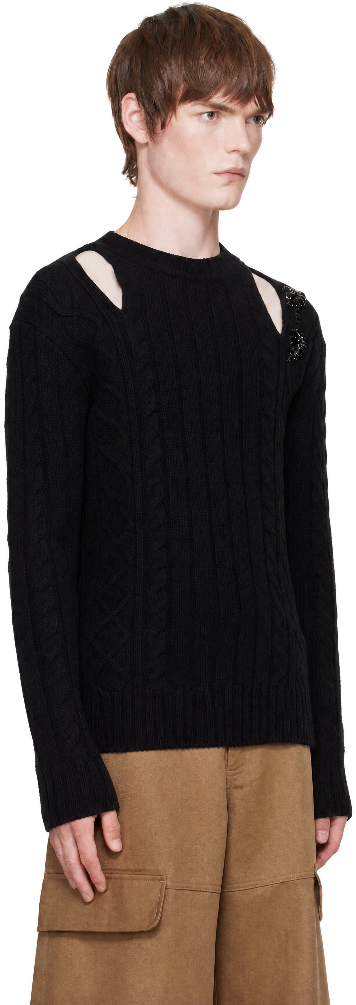 Simone Rocha - Black Embellished Cable Knit Slash Sweater