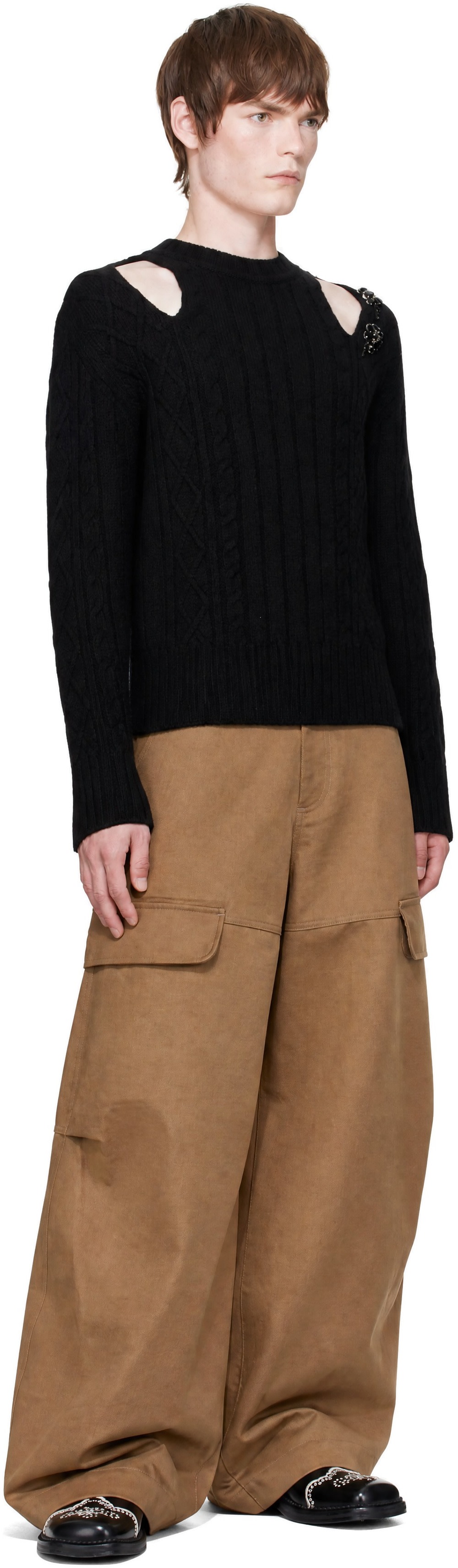 Simone Rocha - Black Embellished Cable Knit Slash Sweater