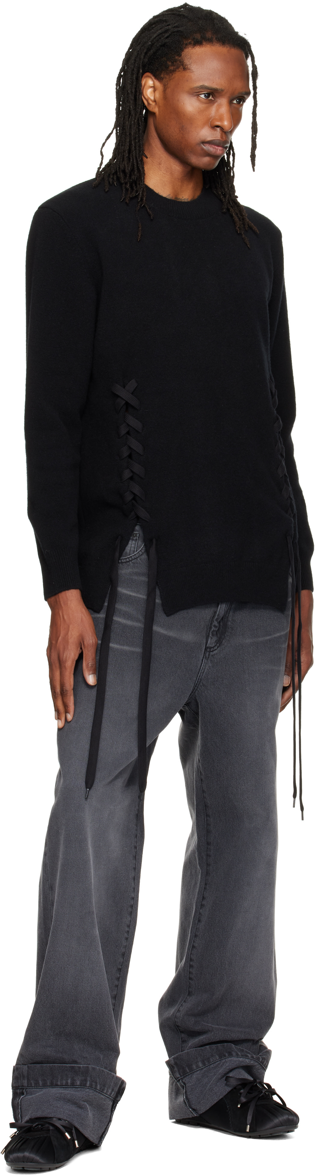 Simone Rocha: Black Merino Lace Up Hem Sweater | SSENSE