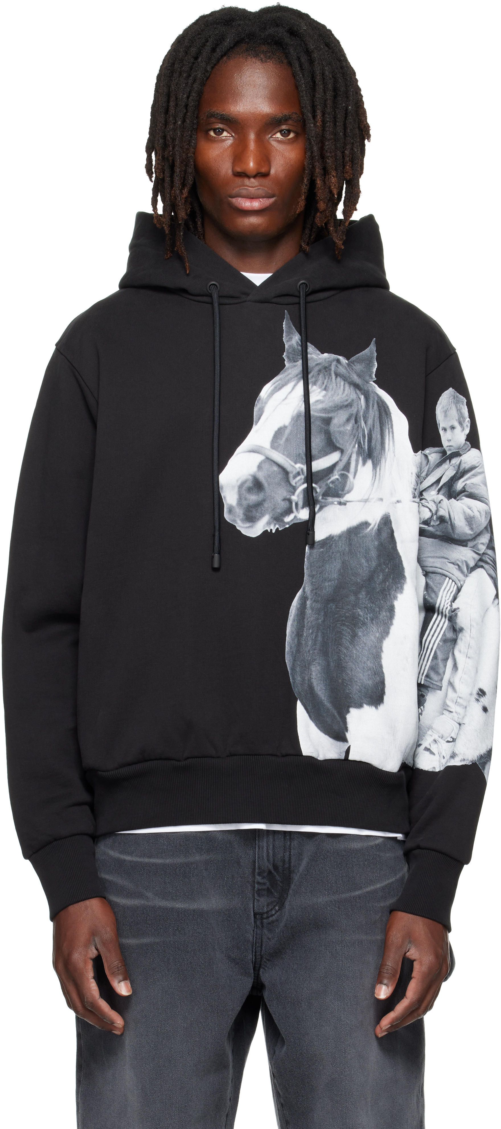 Simone Rocha - Pull à capuche droit noir à image imprimée de poney