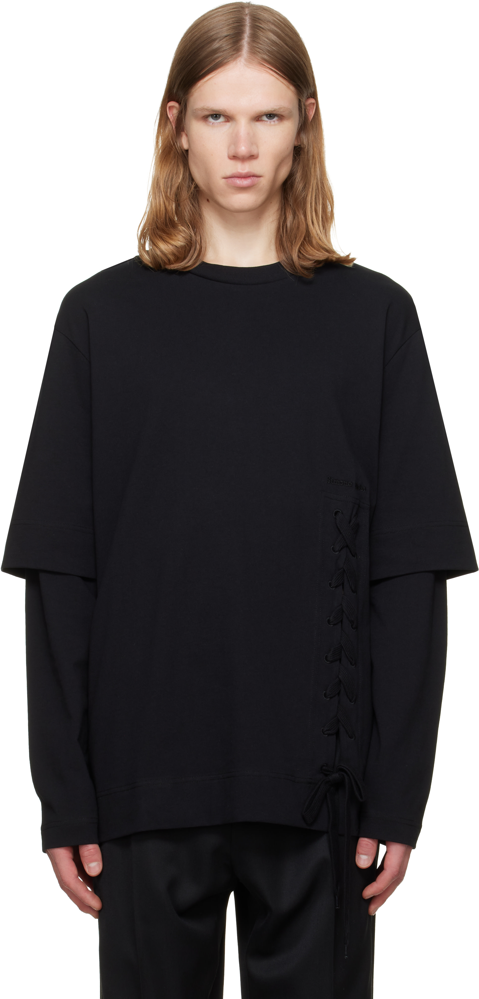 ronherman購入　SIMONE ROCHA♡カットソー Simone Rocha: Black Lace Up Hem Layered Long Sleeve T-shirt | SSENSE