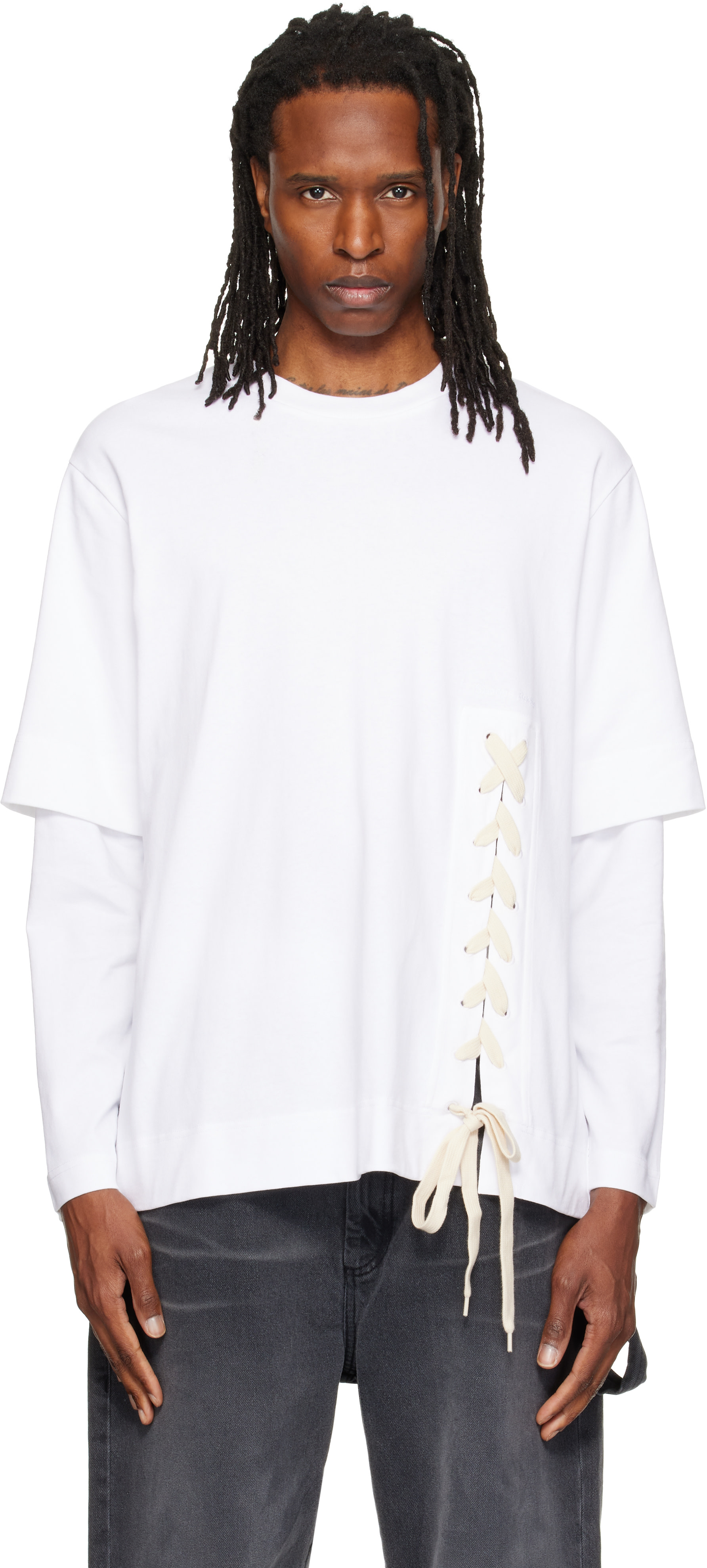 Simone Rocha: White Lace Up Hem Layered Long Sleeve T-shirt | SSENSE