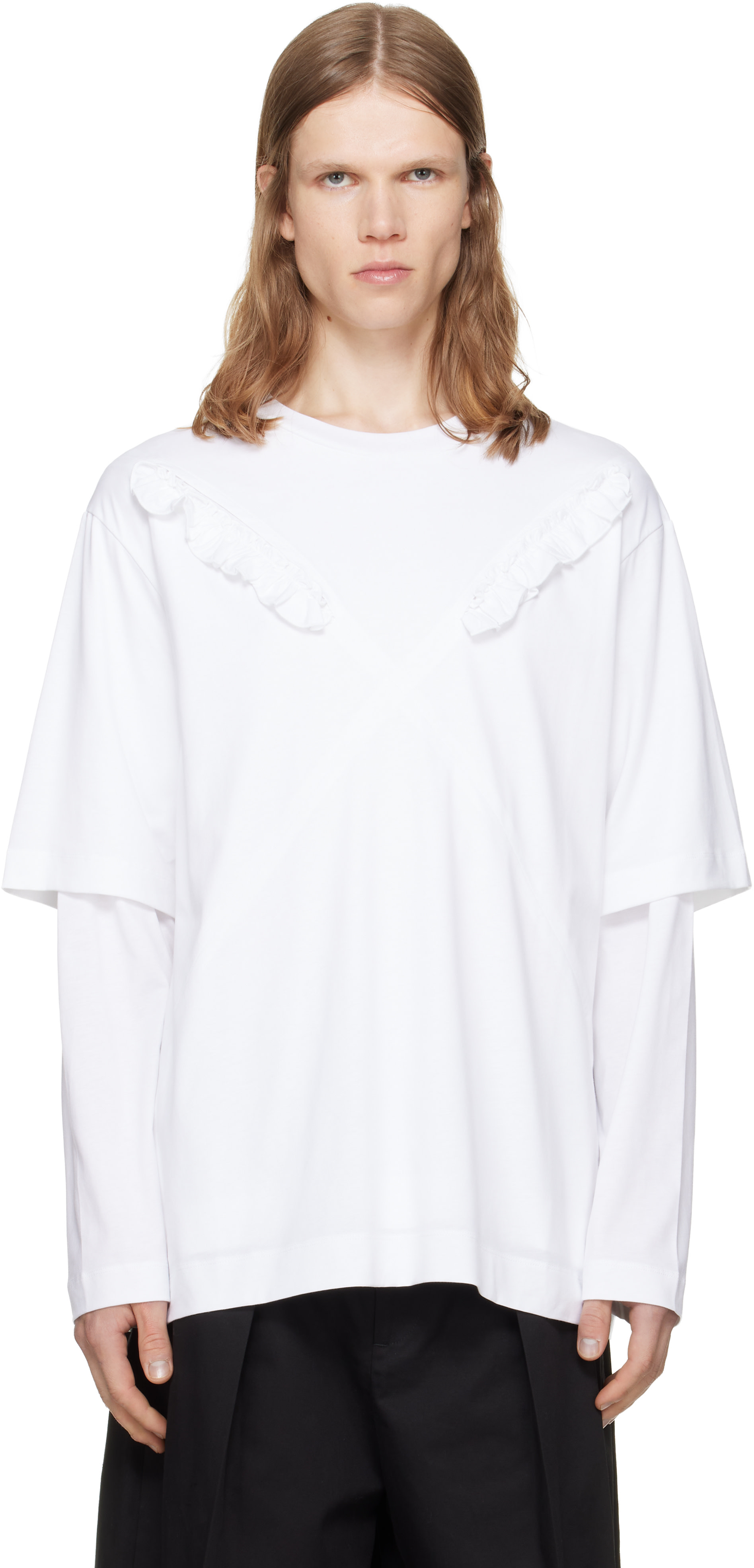 Simone Rocha: White Ruffle Slash Layered Long Sleeve T-shirt