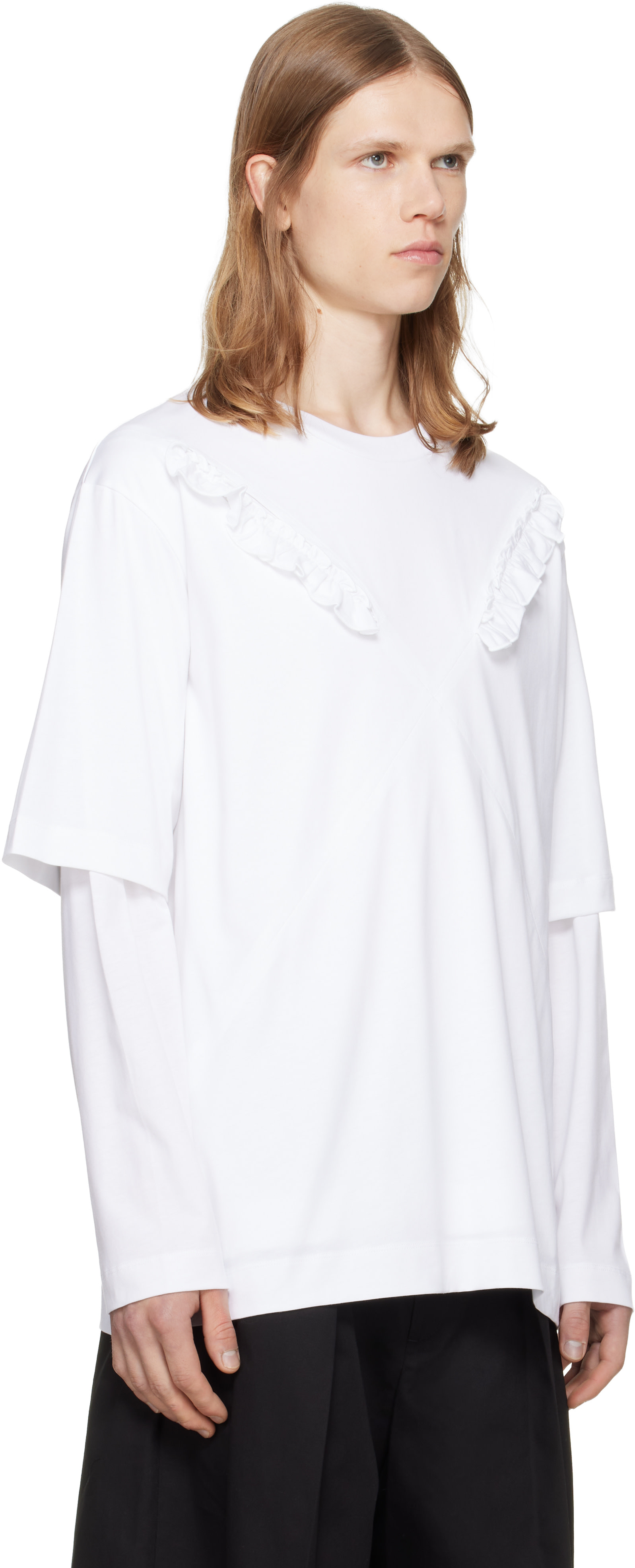 Simone Rocha: White Ruffle Slash Layered Long Sleeve T-shirt