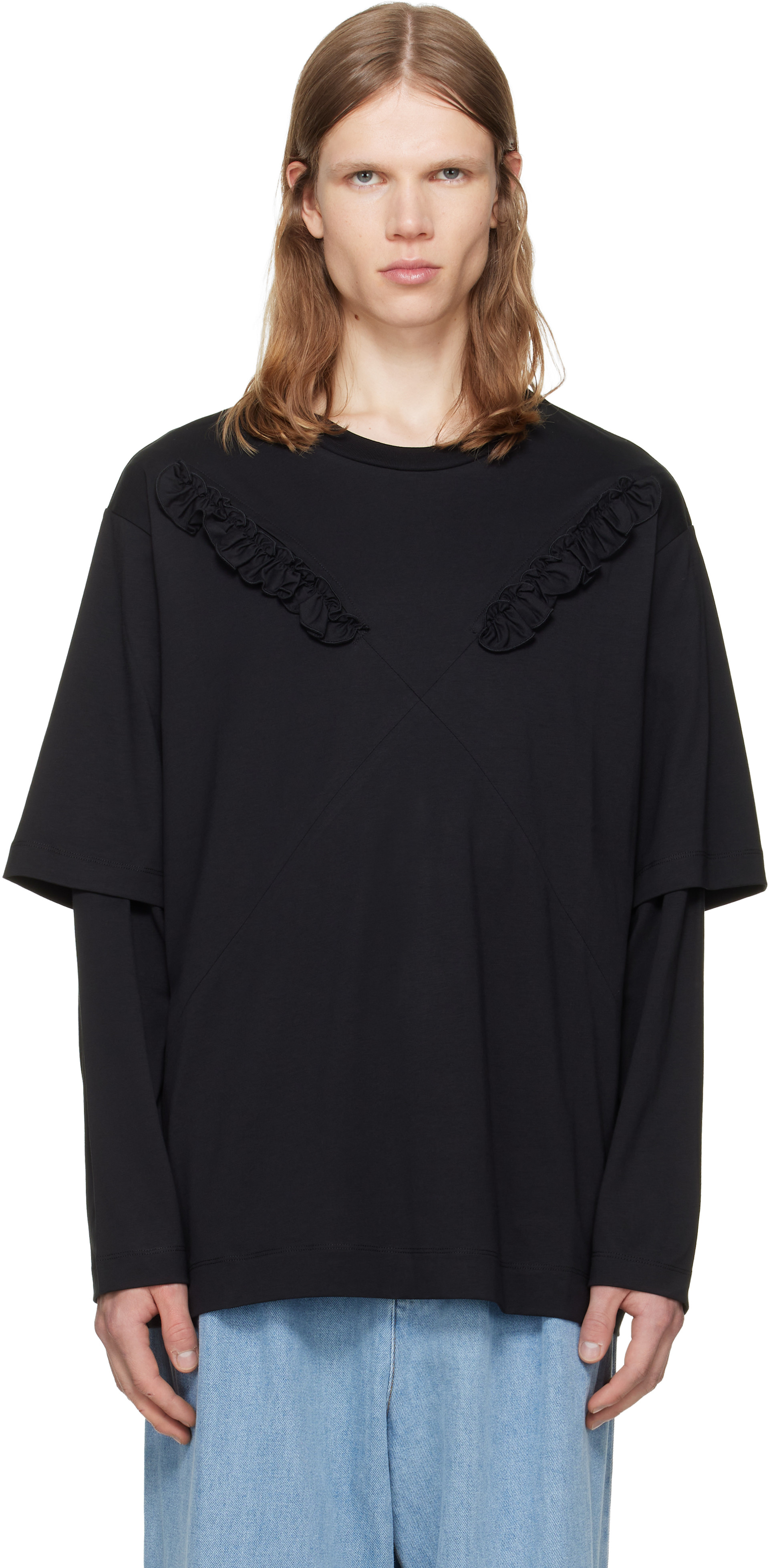 トップス simone rocha Simone Rocha: Black Ruffle Slash Layered Long Sleeve T-shirt | SSENSE