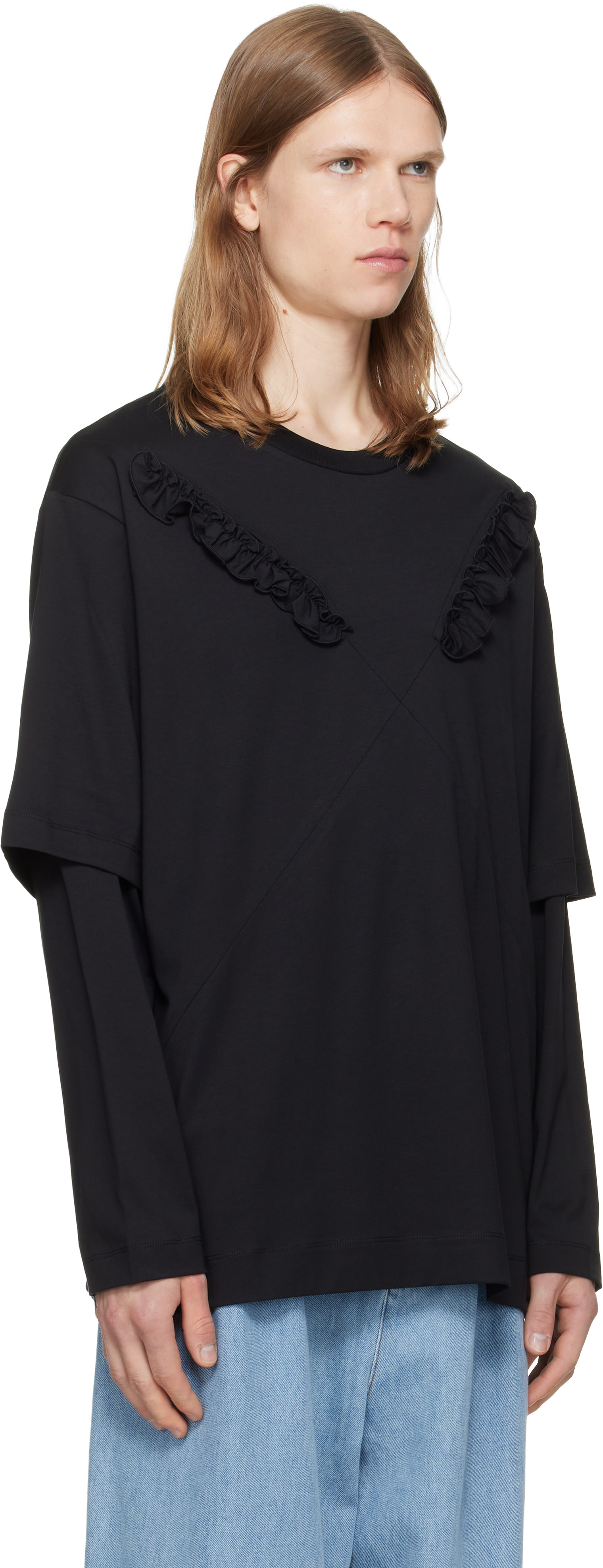 simone rocha レイヤードロンTブラック　11747391 ポーカーズ Simone Rocha: Black Ruffle Slash Layered Long Sleeve T-shirt | SSENSE