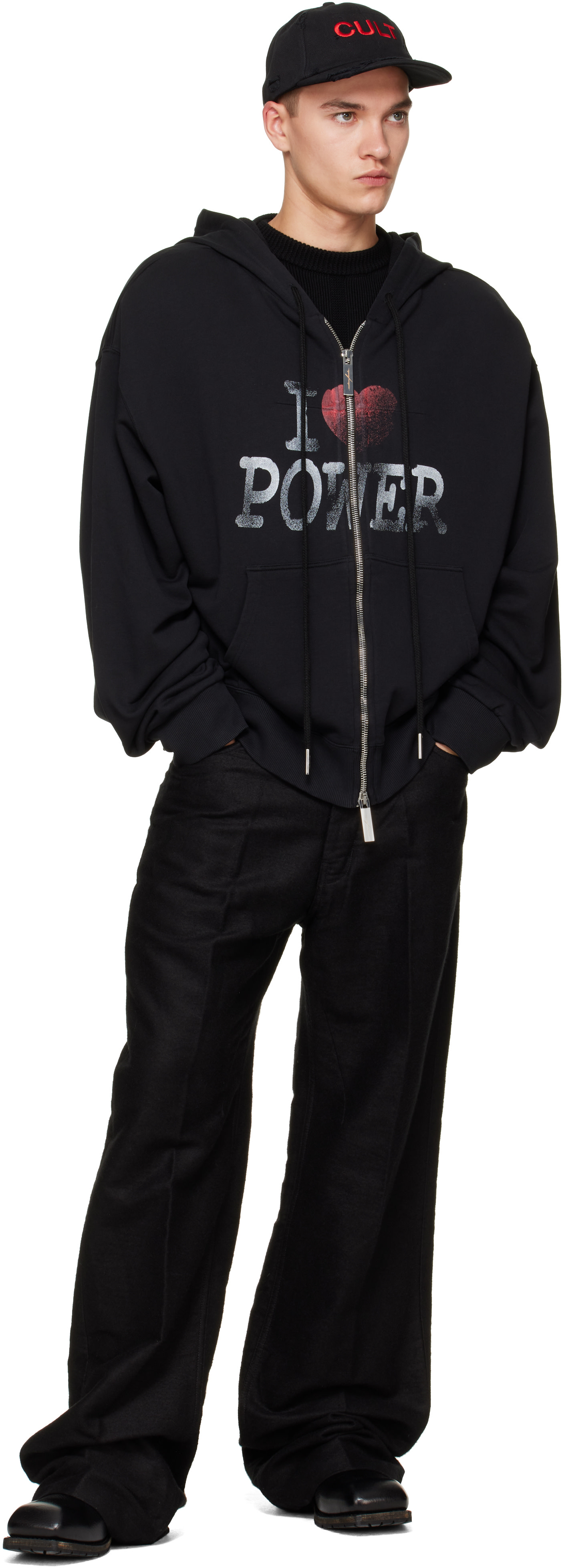 MATIÈRES FÉCALES: Black 'I Love Power' Hoodie | SSENSE