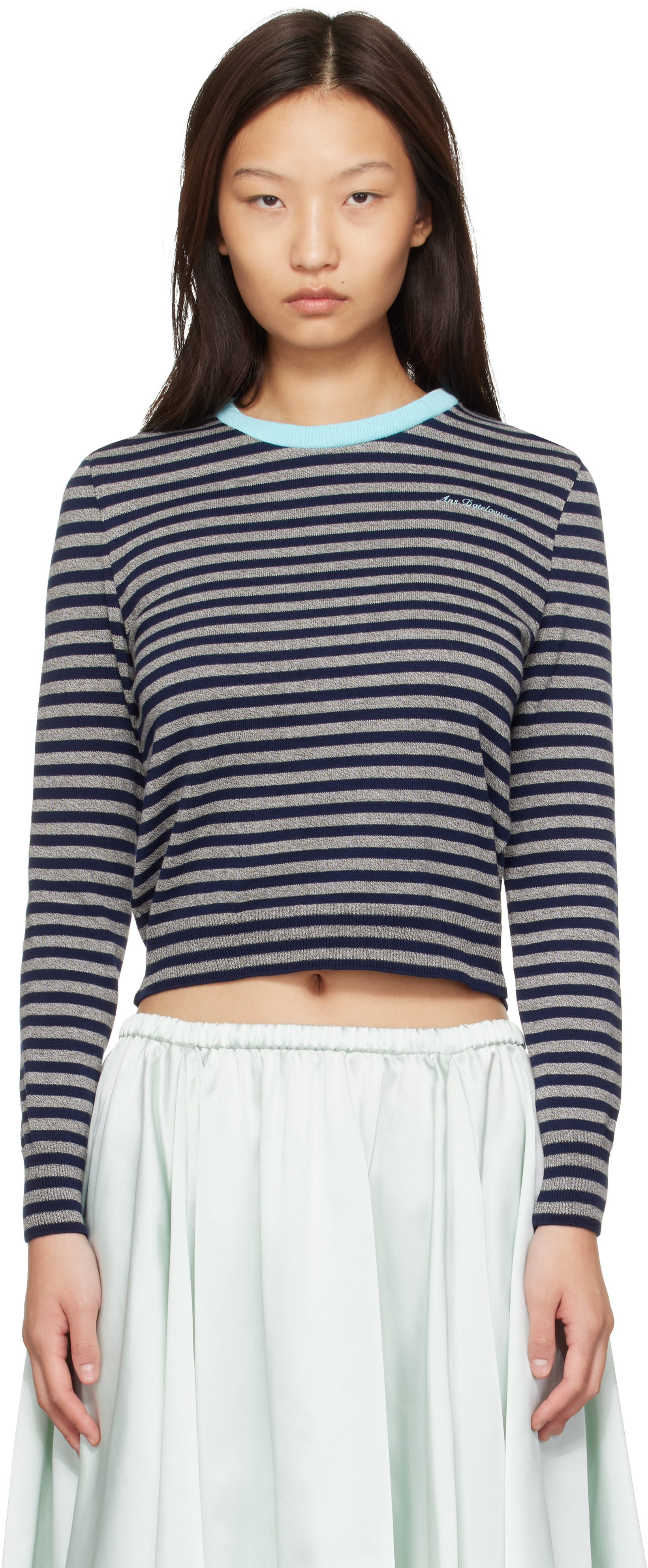 Ans Dotsloevner: Gray & Navy Knitted Striped Long Sleeve Sweater