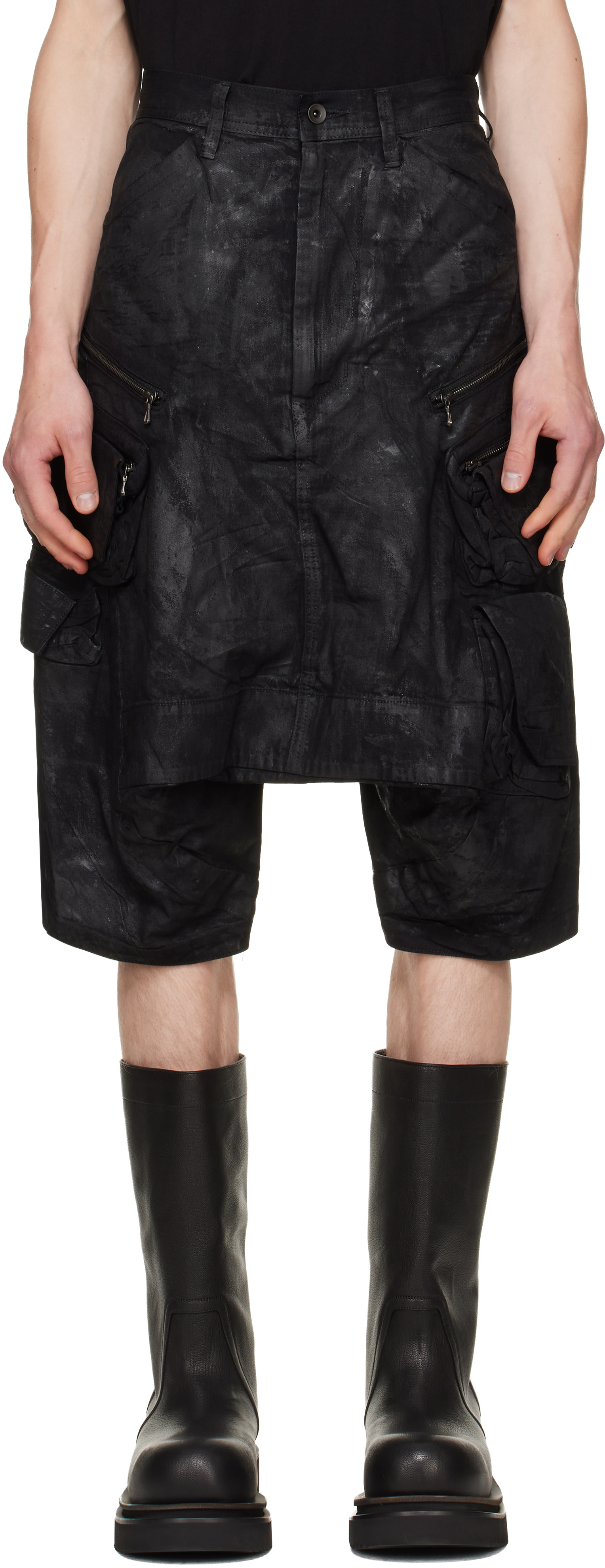 Julius - Black Coated Tactical Kite Denim Shorts